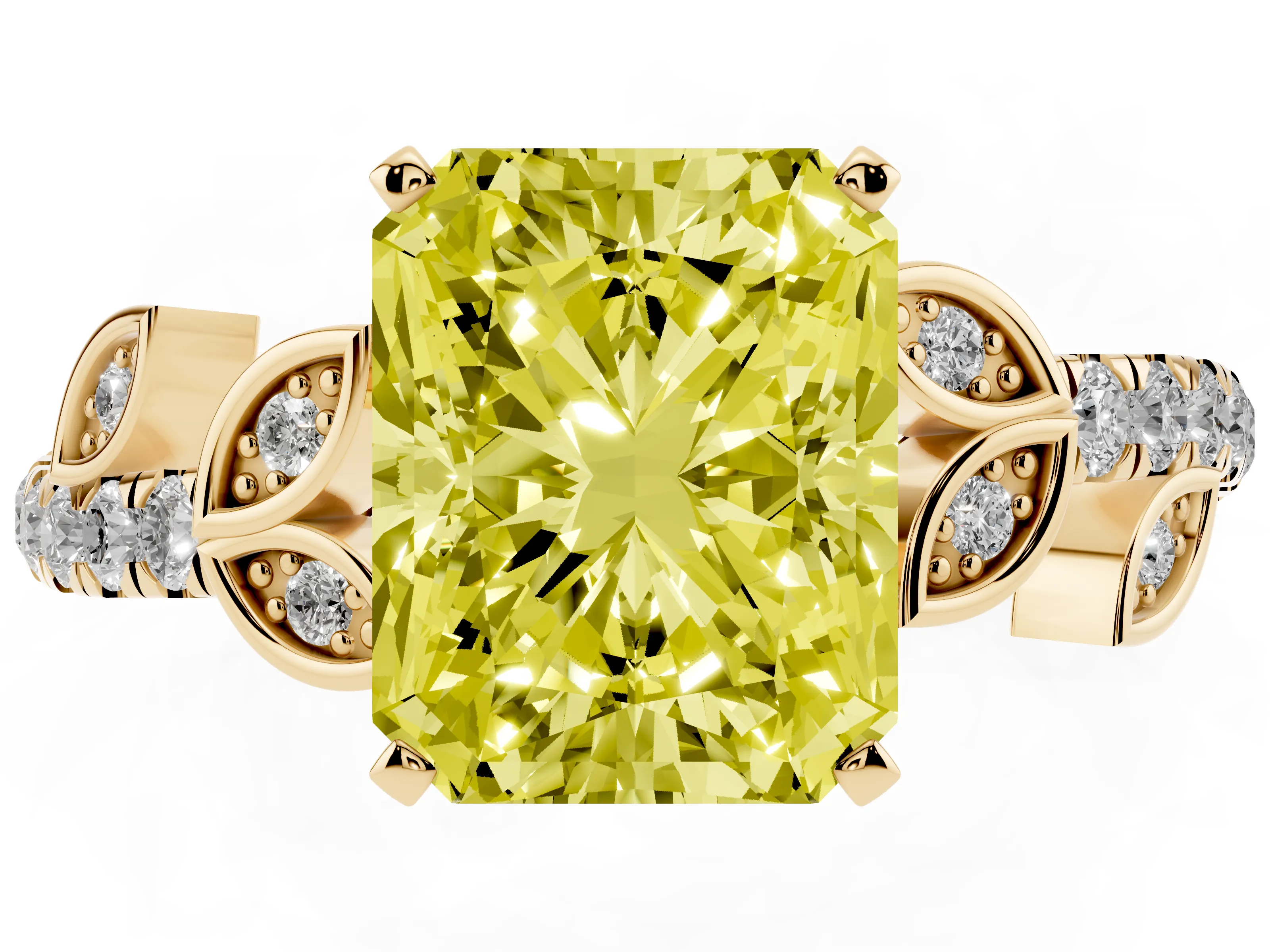 Fancy Yellow Radiant Cut Diamond Solitaire Leaf-Inspired Ring Set in Yellow gold with Pavé Band and Prong Setting