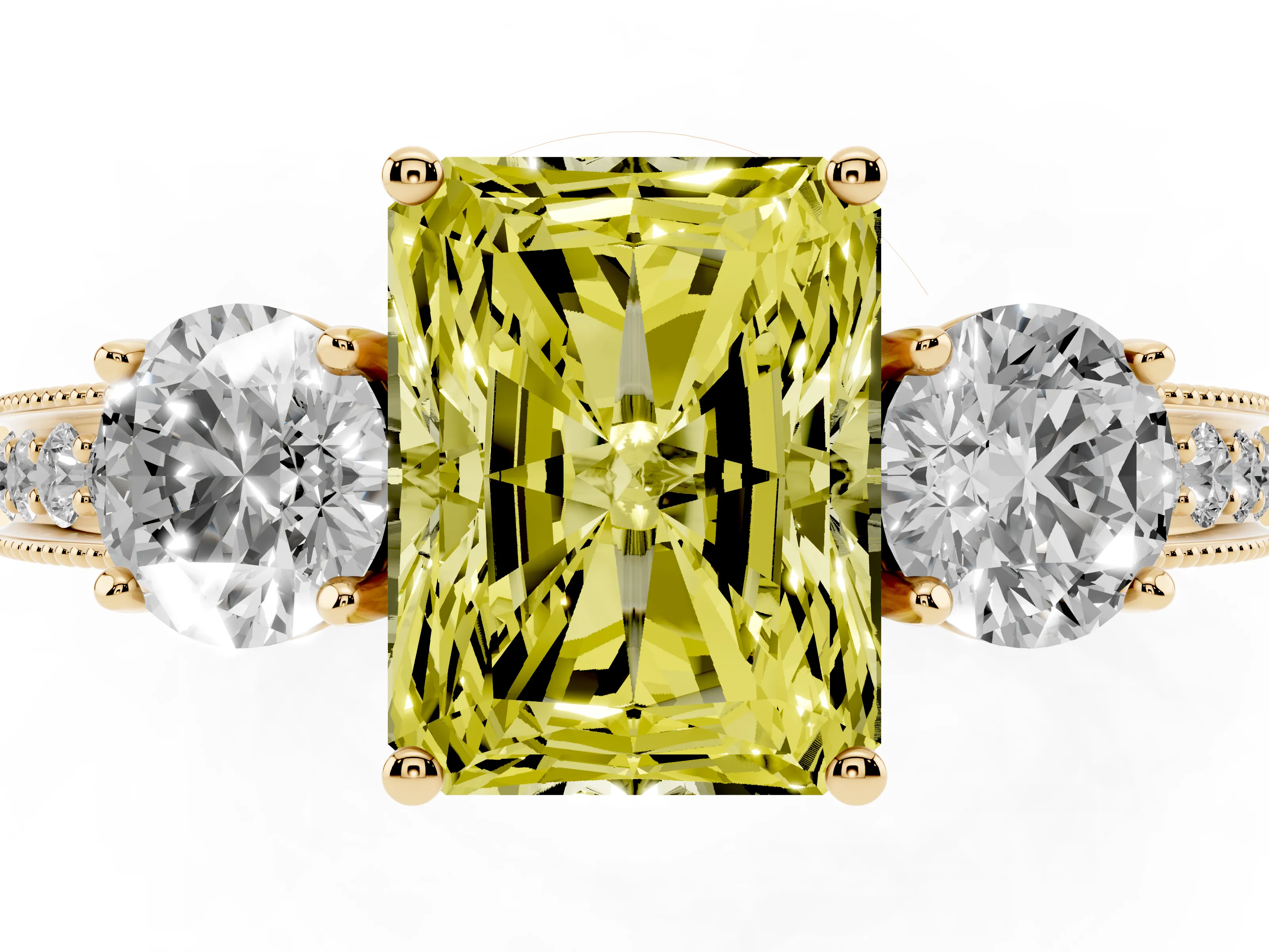 Fancy Yellow Radiant Cut Diamond Three-Stone Ring Set in Yellow gold with Round Side Stones and Pavé Band