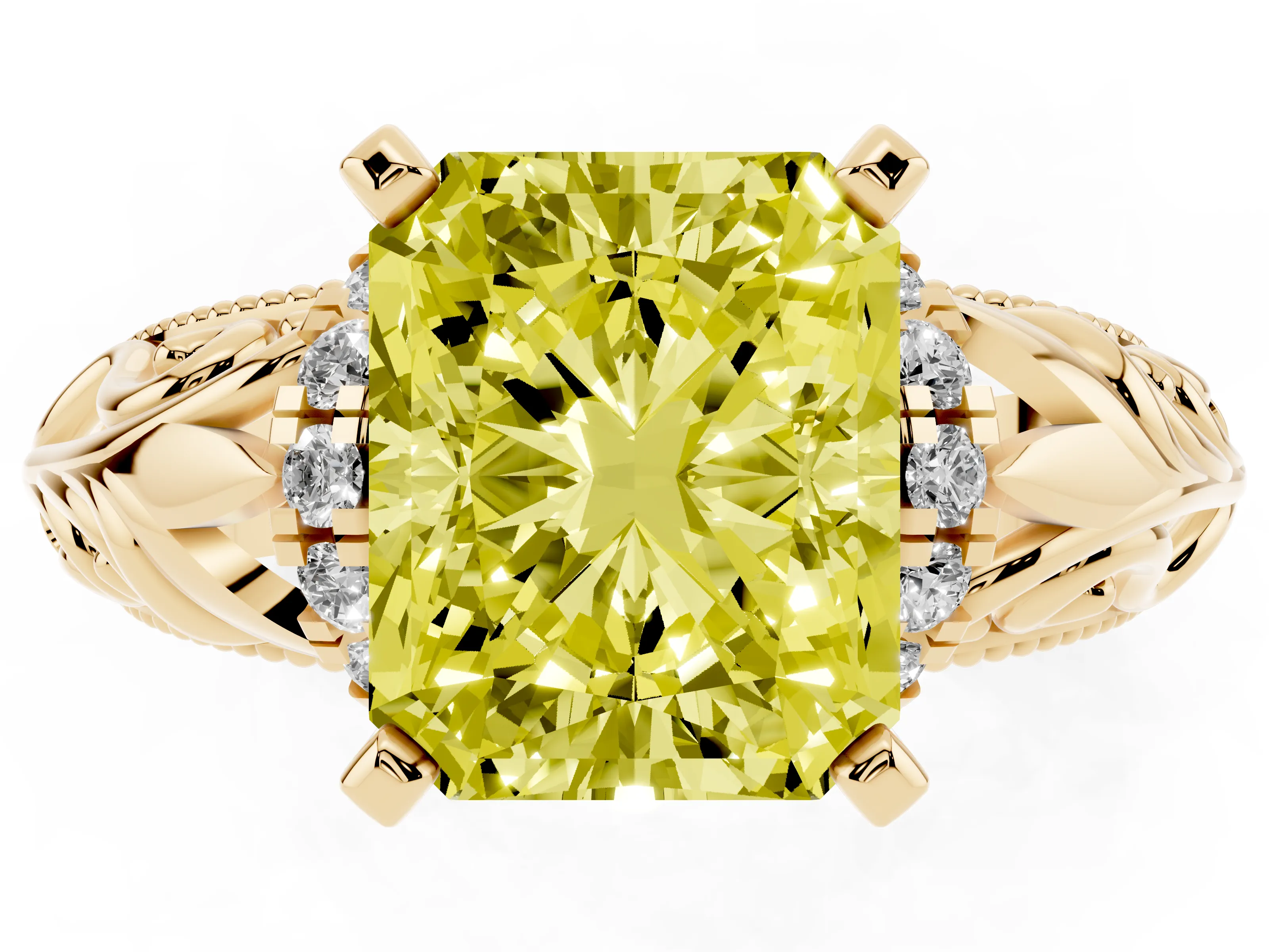Fancy Yellow Radiant Cut Diamond Filigree Halo Engagement Ring Set in Yellow gold with Prong Setting