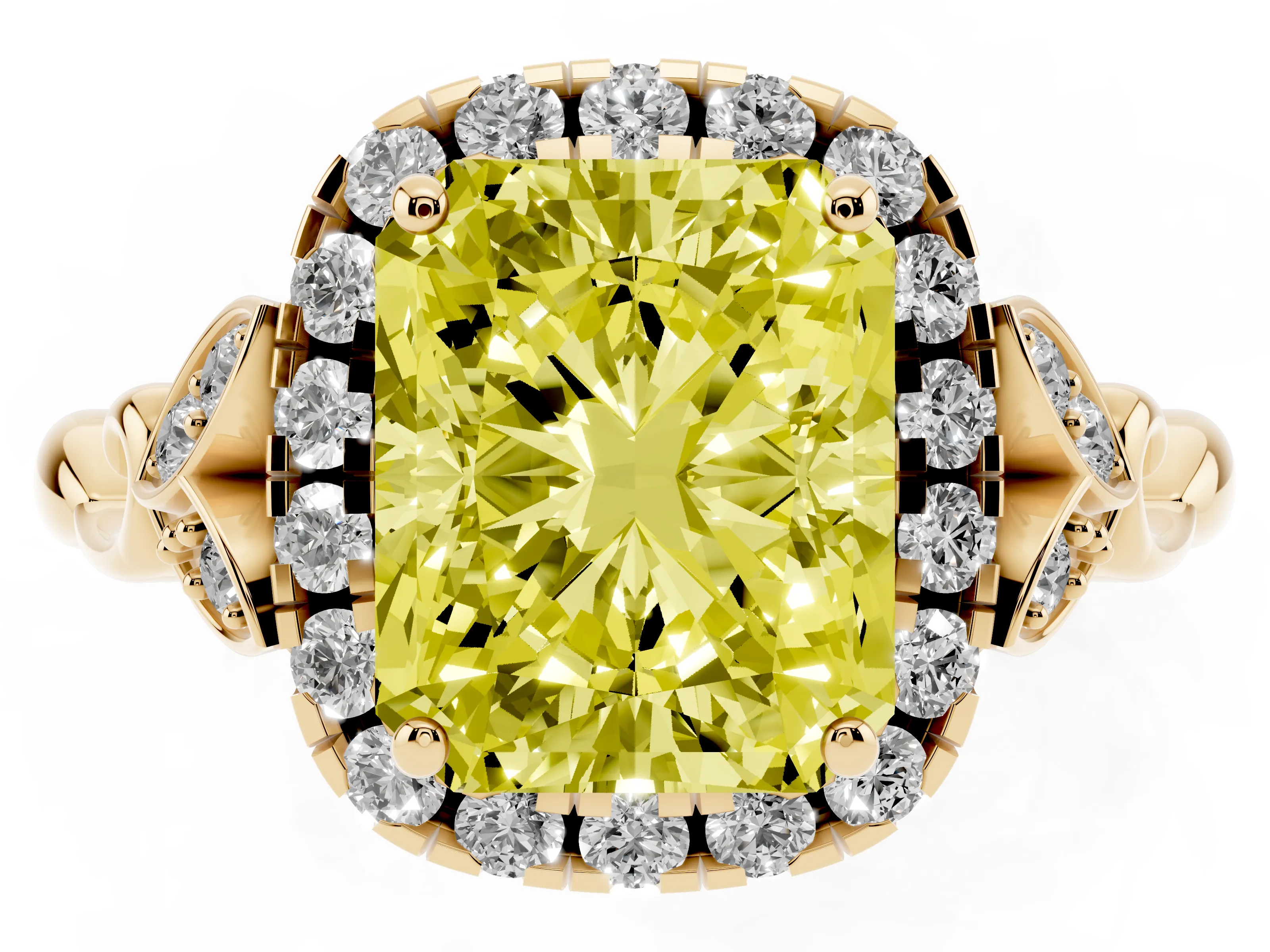 Fancy Yellow Radiant Cut Diamond Halo Engagement Ring Set in Yellow gold with Vintage-Inspired Band and Prong Setting