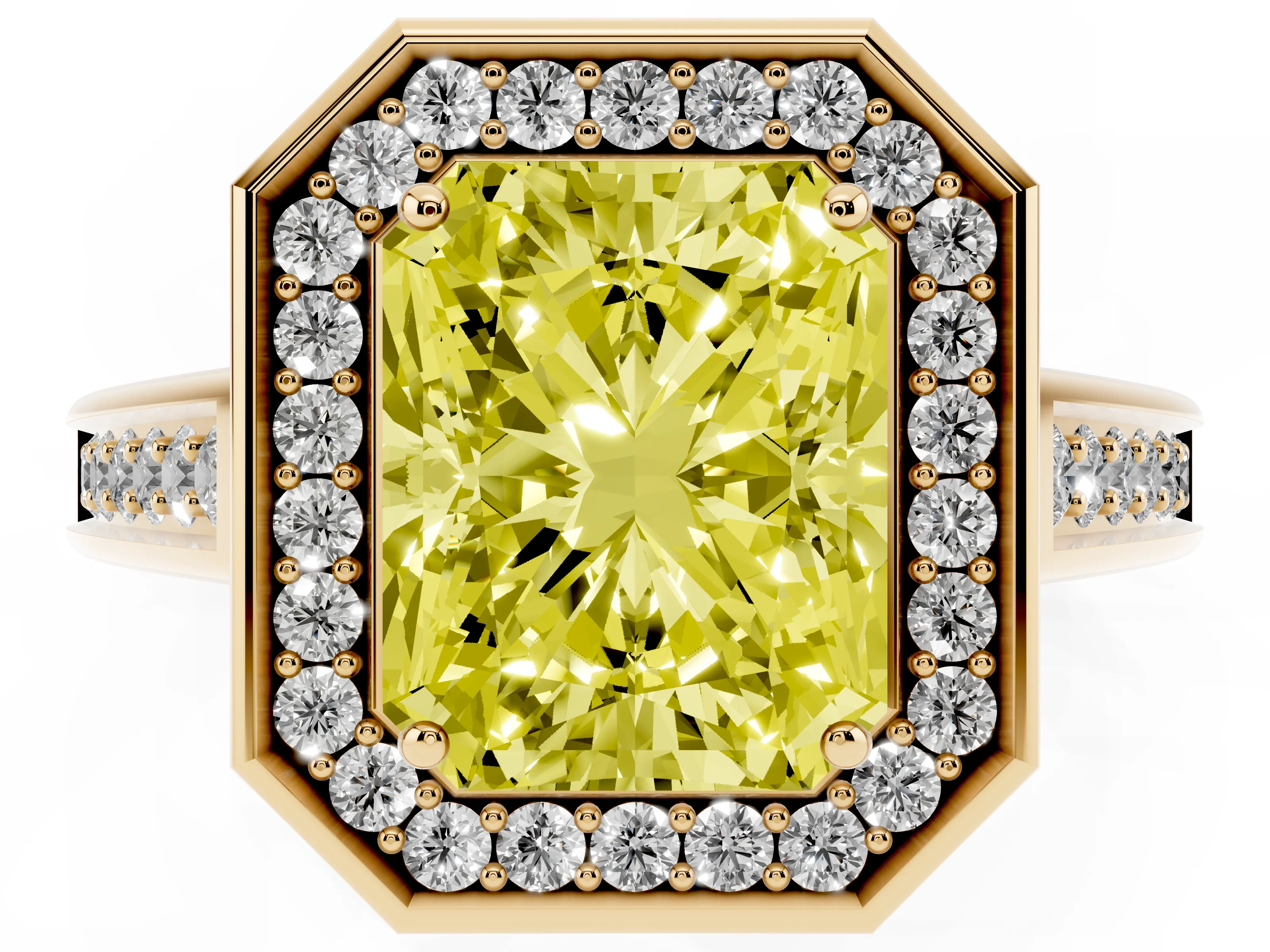 Fancy Yellow Radiant Cut Diamond Halo Solitaire Ring Set in Yellow gold with Pavé Band and Bezel Setting