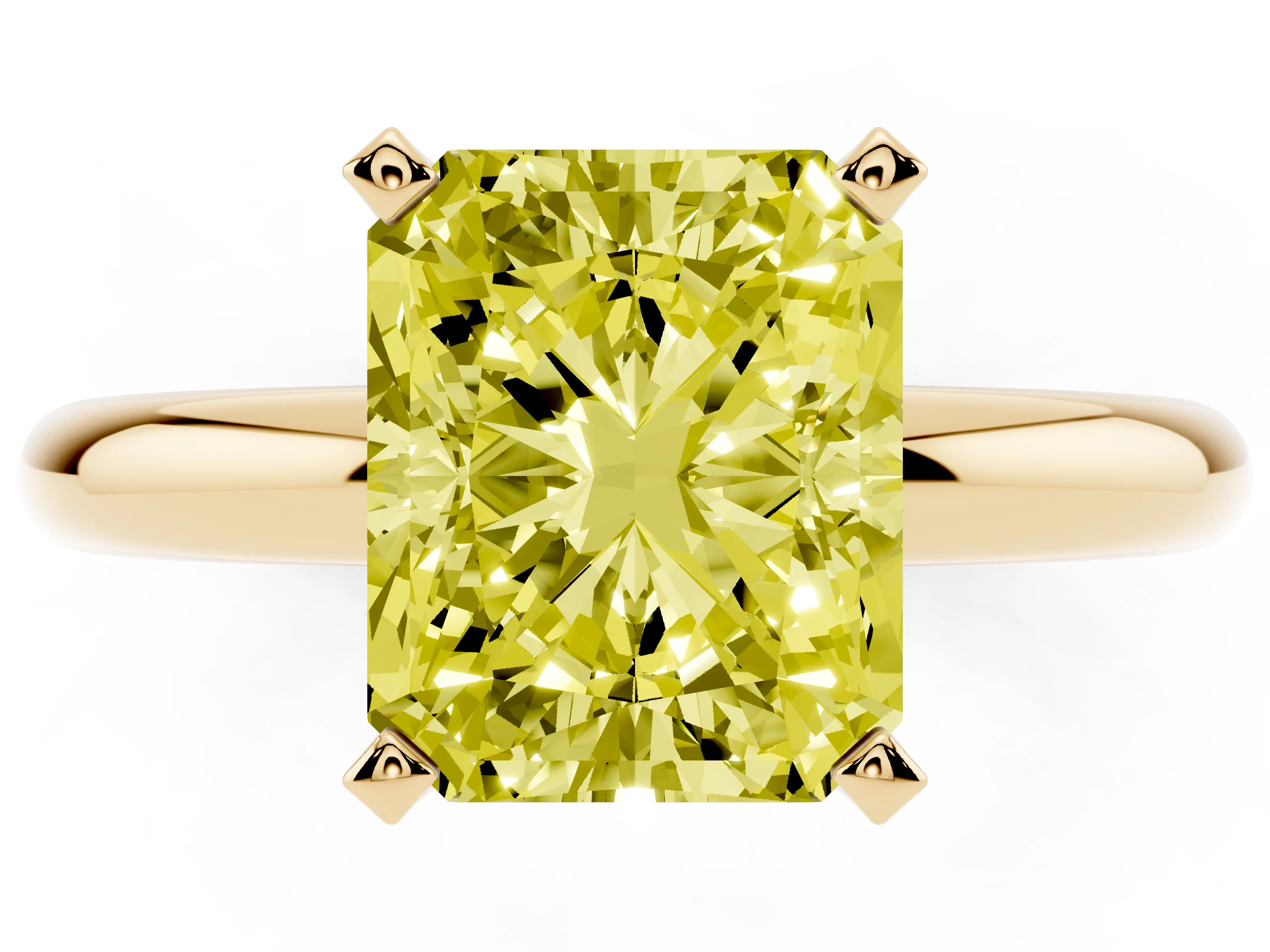 Fancy Yellow Radiant Cut Diamond Solitaire Engagement Ring Set in Yellow gold with Round Band and Prong Setting