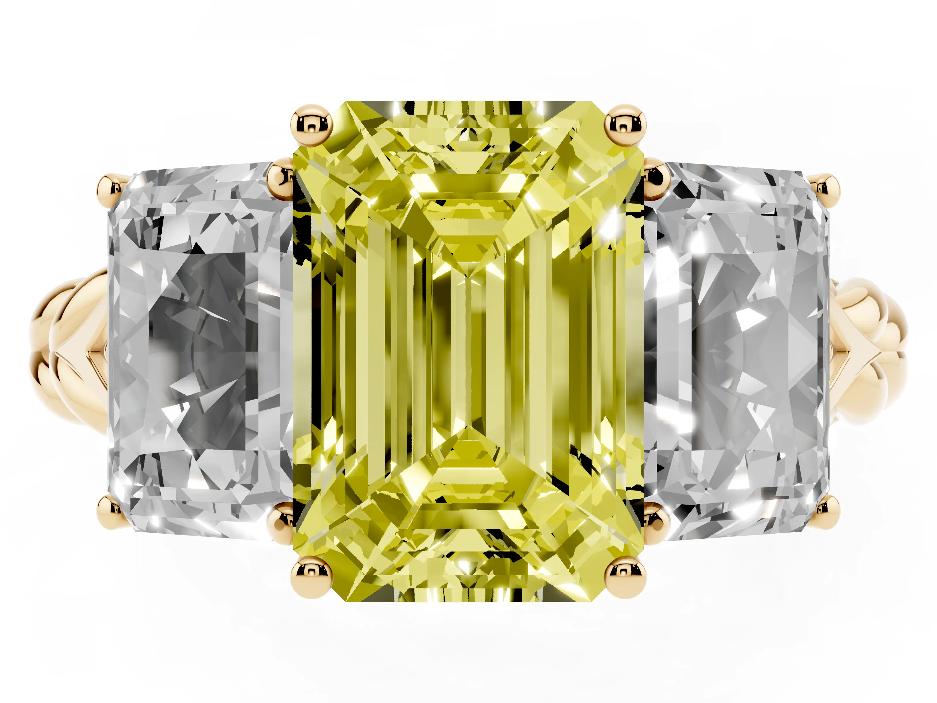 Fancy Yellow Radiant Cut Diamond Three-Stone Ring Set in Yellow gold with Braided Band