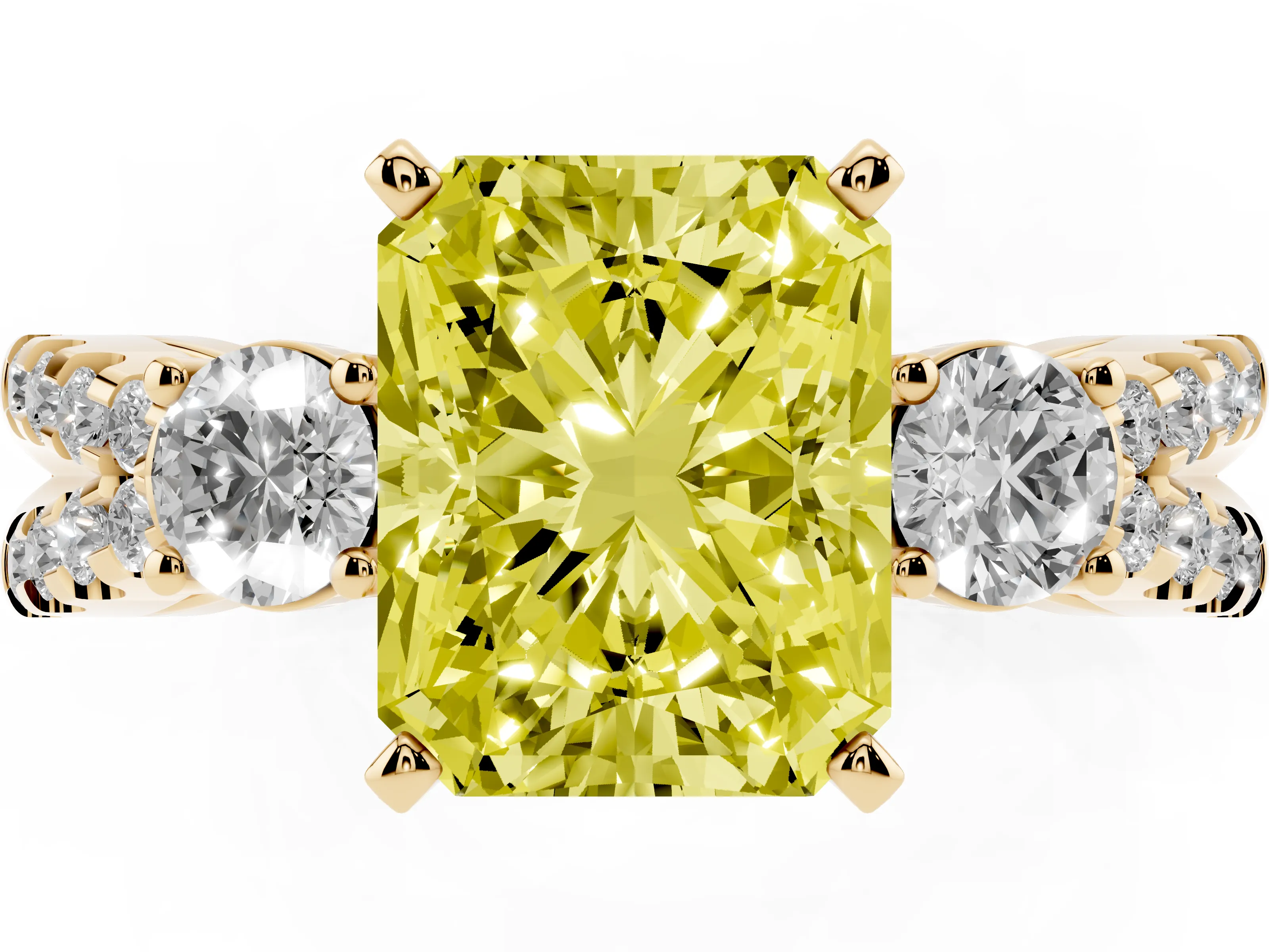 Fancy Yellow Radiant Cut Diamond Three-Stone Ring Set in Yellow gold with Pavé Split Shank and Prong Setting