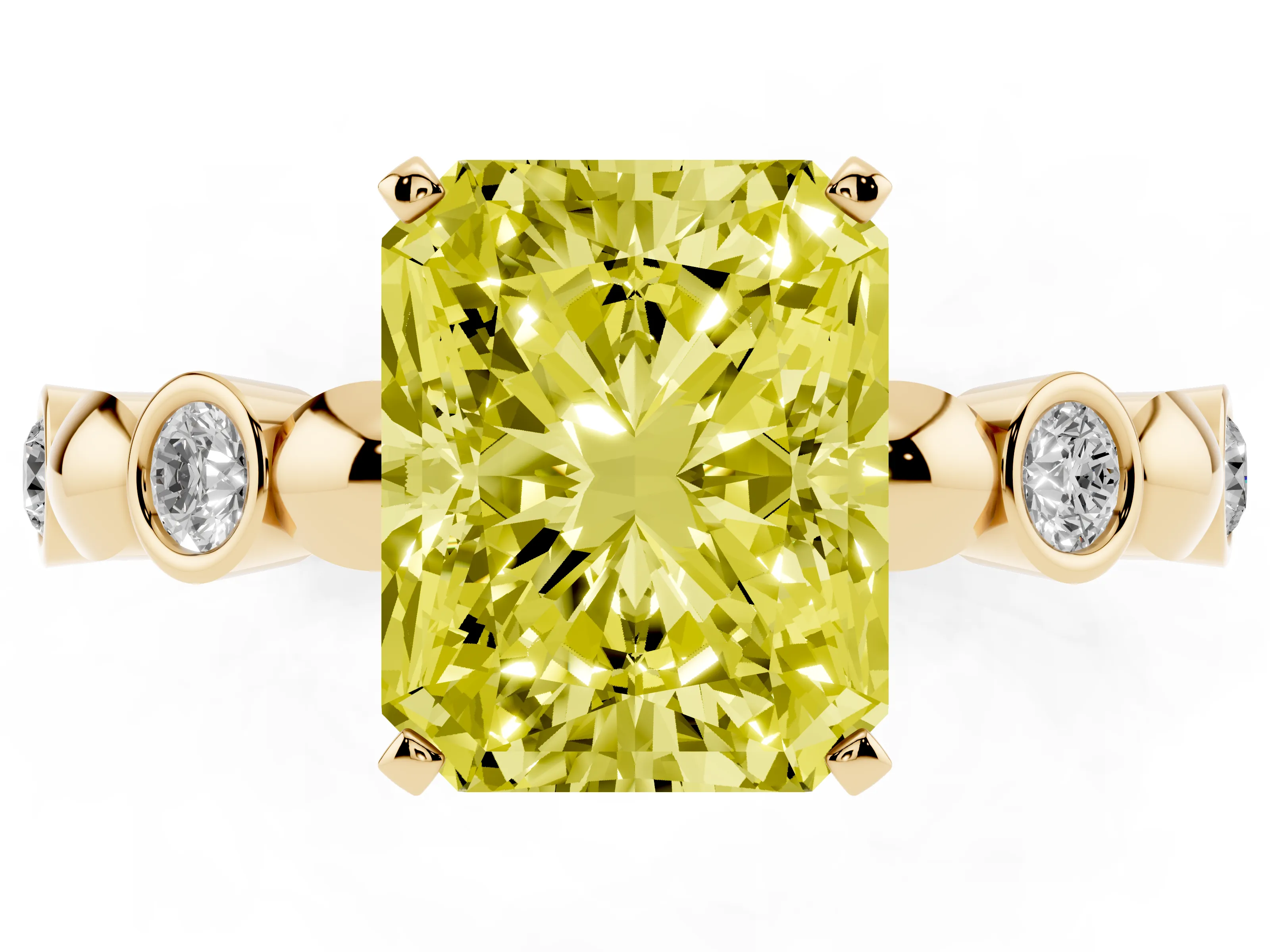 Fancy Yellow Radiant Cut Diamond Solitaire Ring Set in Yellow gold with Bezel-Set Accents on Beaded Band and Prong Setting