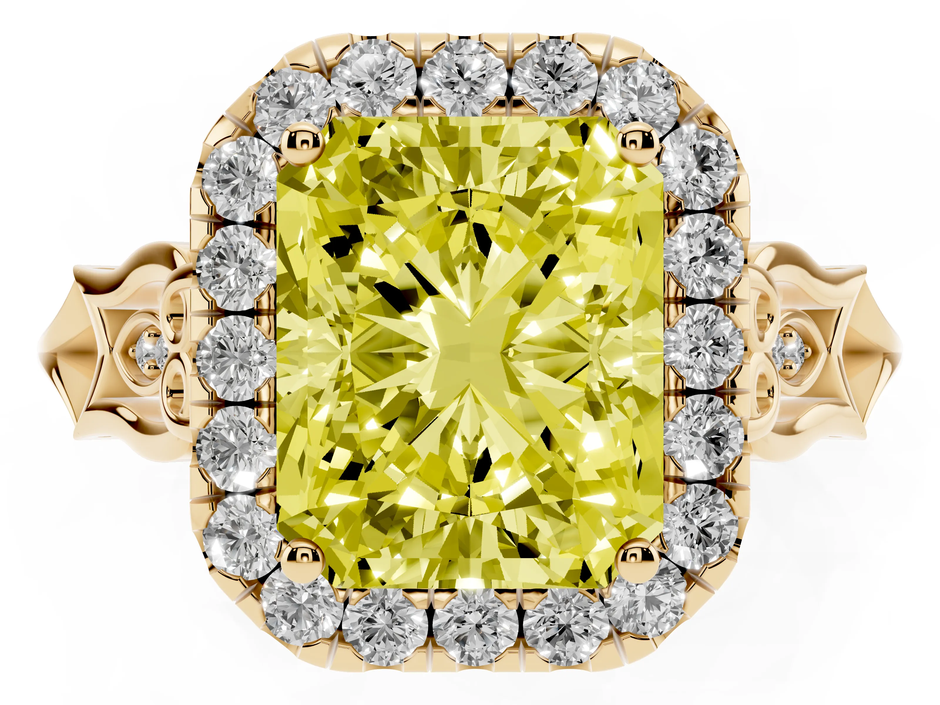 Fancy Yellow Radiant Cut Diamond Halo Engagement Ring Set in Yellow gold with Filigree Band and Prong-Set Center