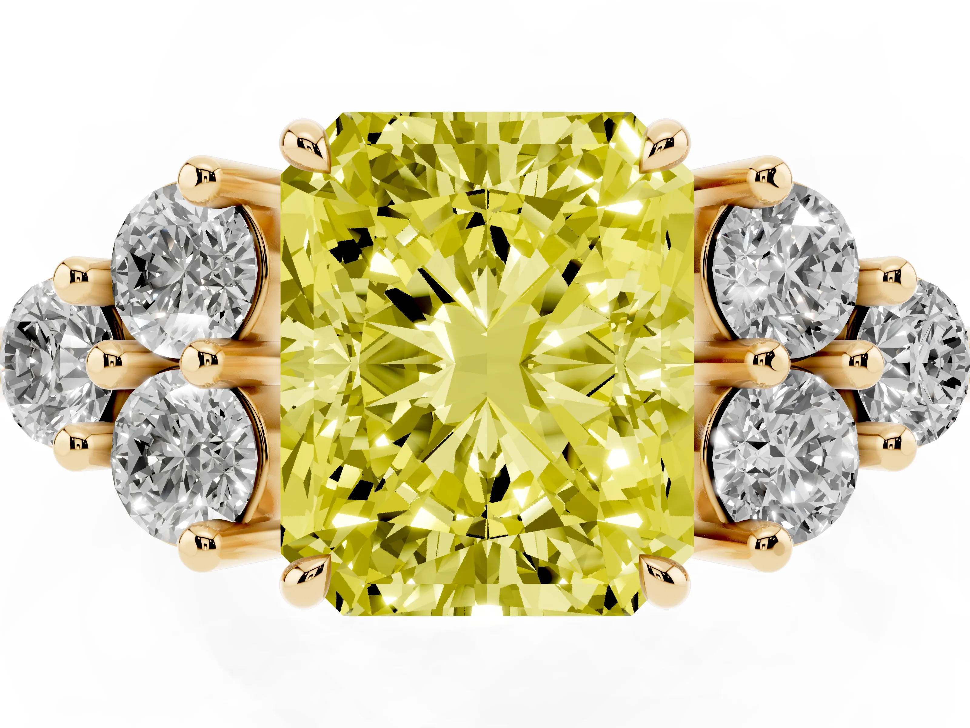 Fancy Yellow Radiant Cut Diamond Solitaire Ring Set in Yellow gold with Cluster Accents on Each Side