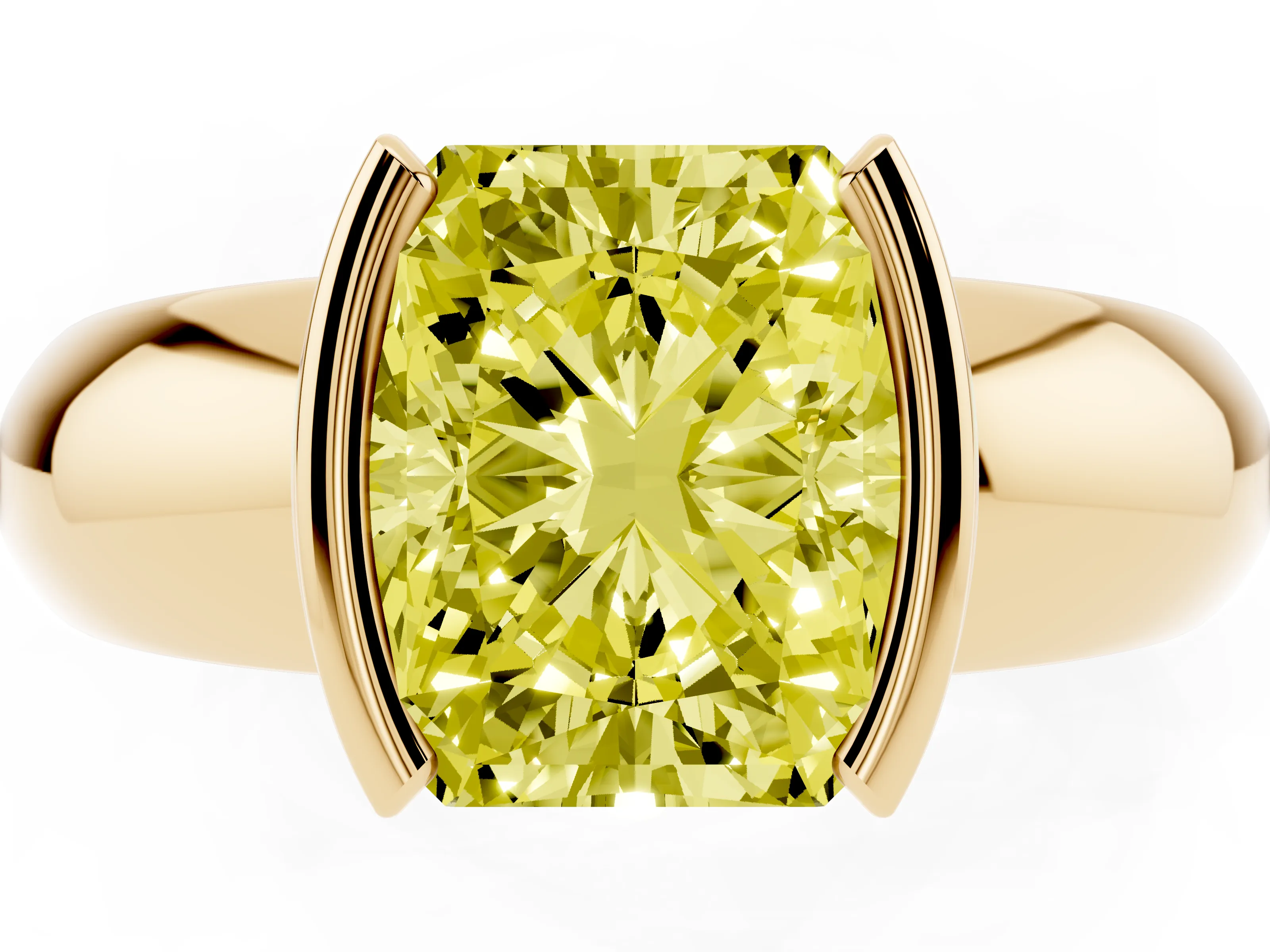 Fancy Yellow Radiant Cut Diamond Solitaire Tension Set Ring Set in Yellow gold with Wide Band