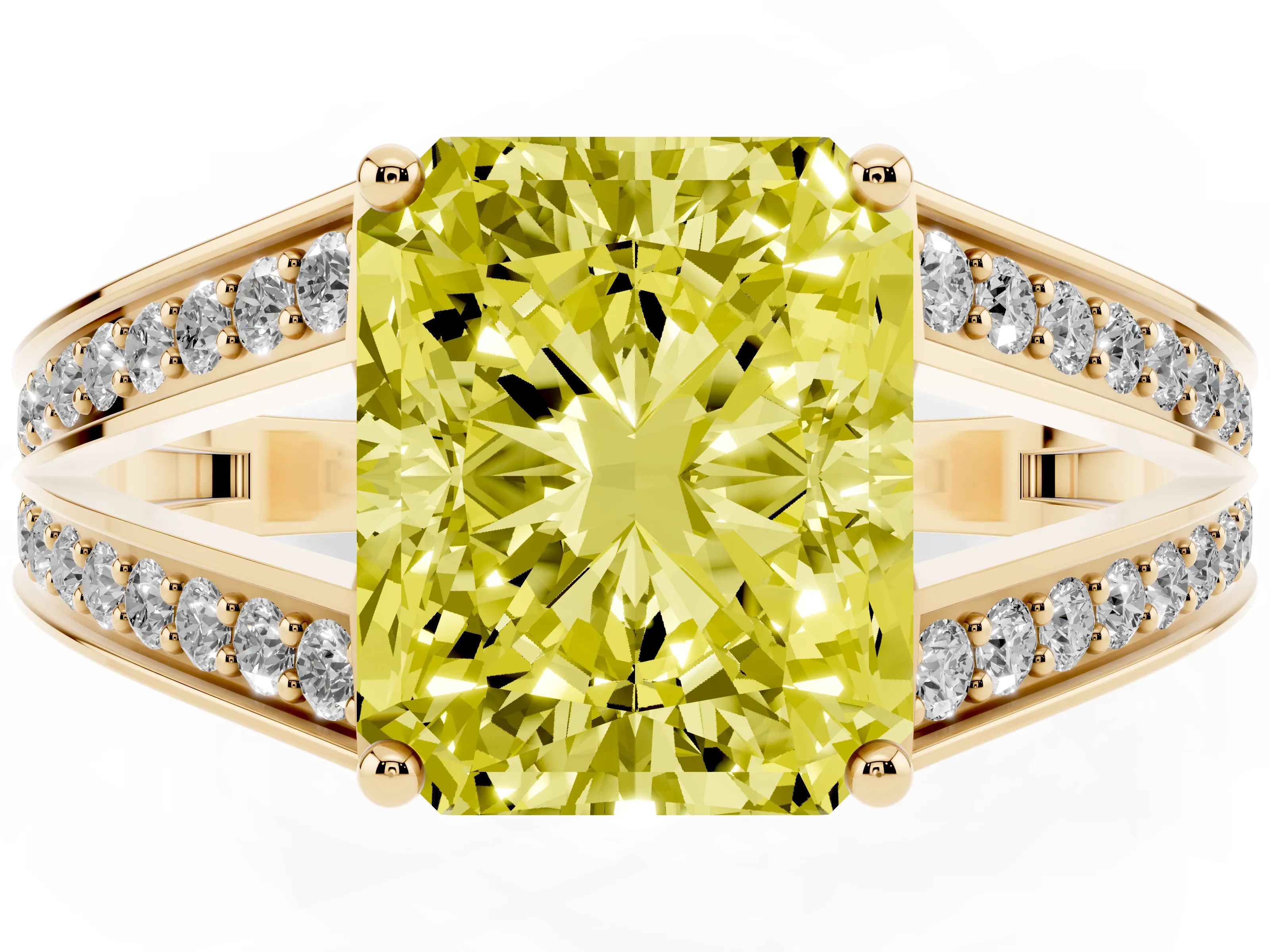 Fancy Yellow Radiant Cut Diamond Split Shank Ring Set in Yellow gold with Pavé Band and Prong Setting