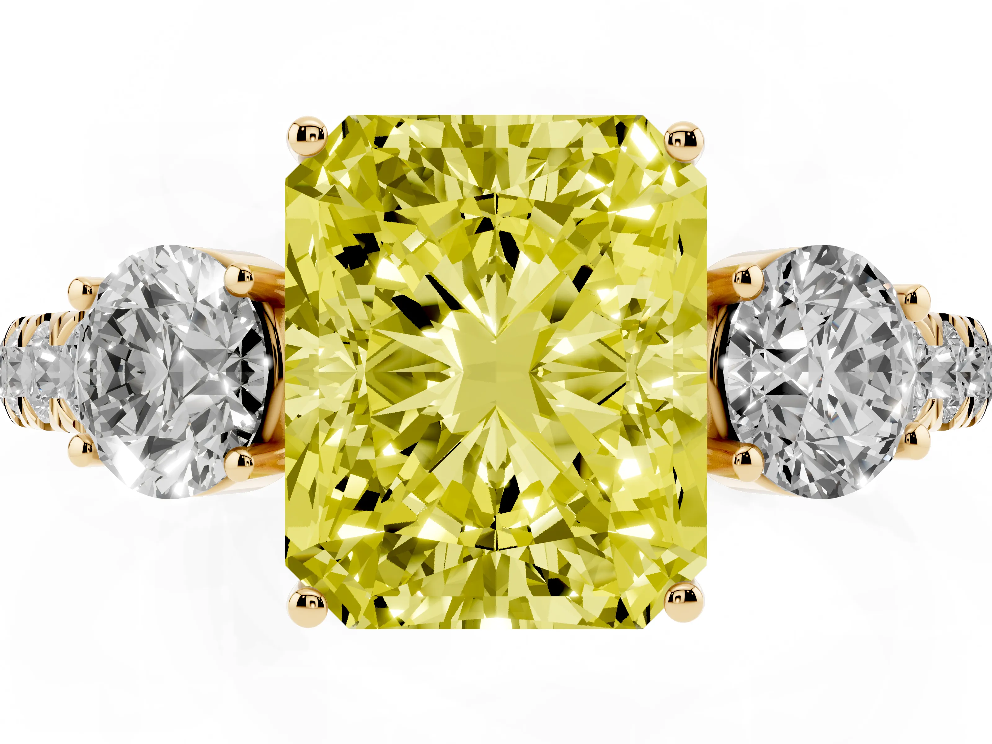 Fancy Yellow Radiant Cut Diamond Three-Stone Ring Set in Yellow gold with Round Side Stones and Delicate Pavé Band