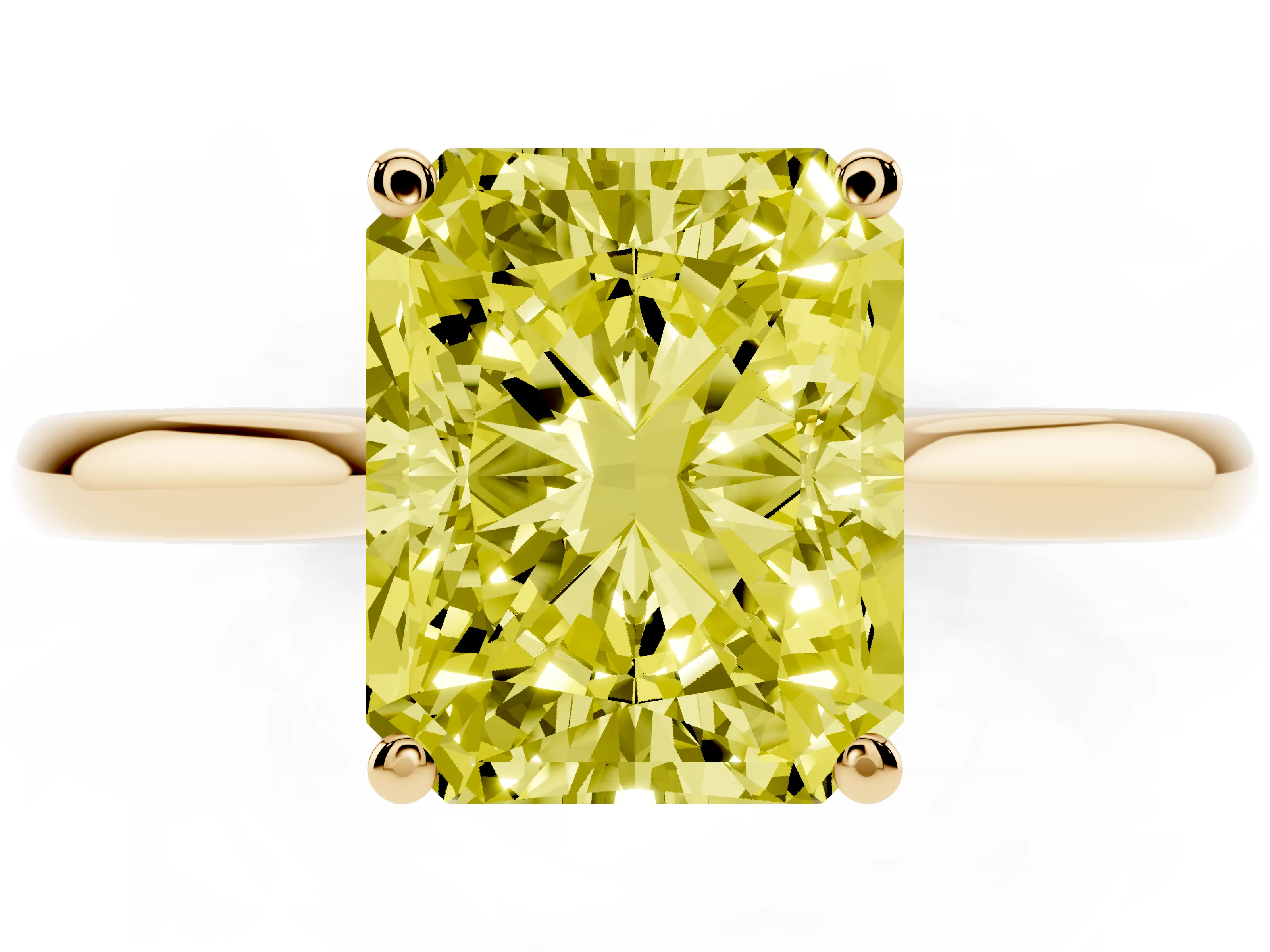 Fancy Yellow Radiant Cut Diamond Solitaire Ring Set in Yellow gold with Cathedral Band and Prong Setting