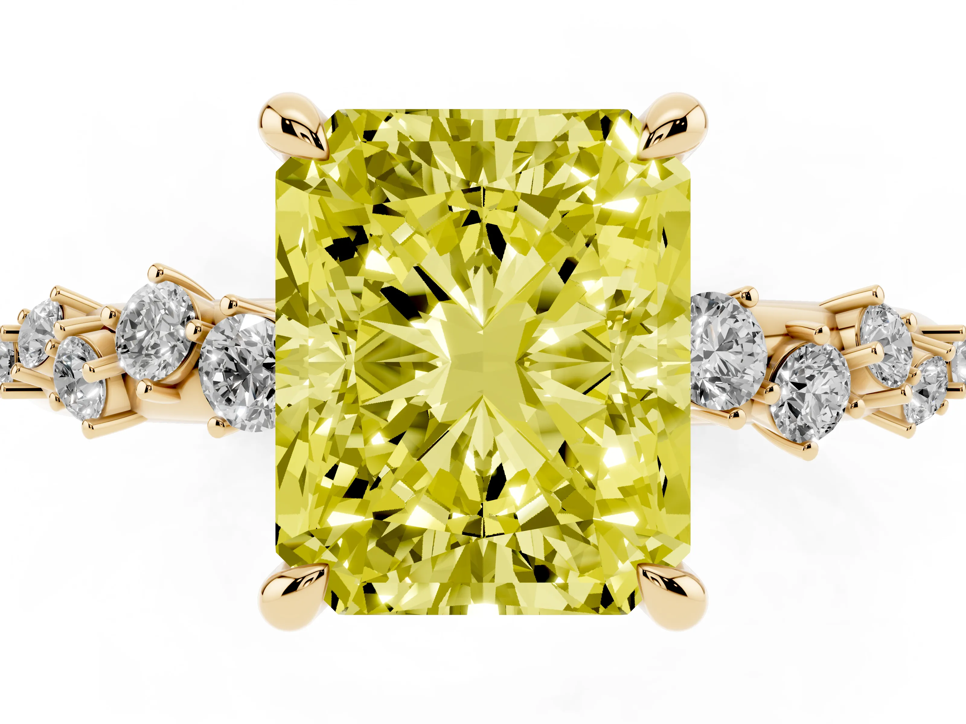 Fancy Yellow Radiant Cut Diamond Solitaire Vine Band Ring Set in Yellow gold with Round Accents and Prong Setting