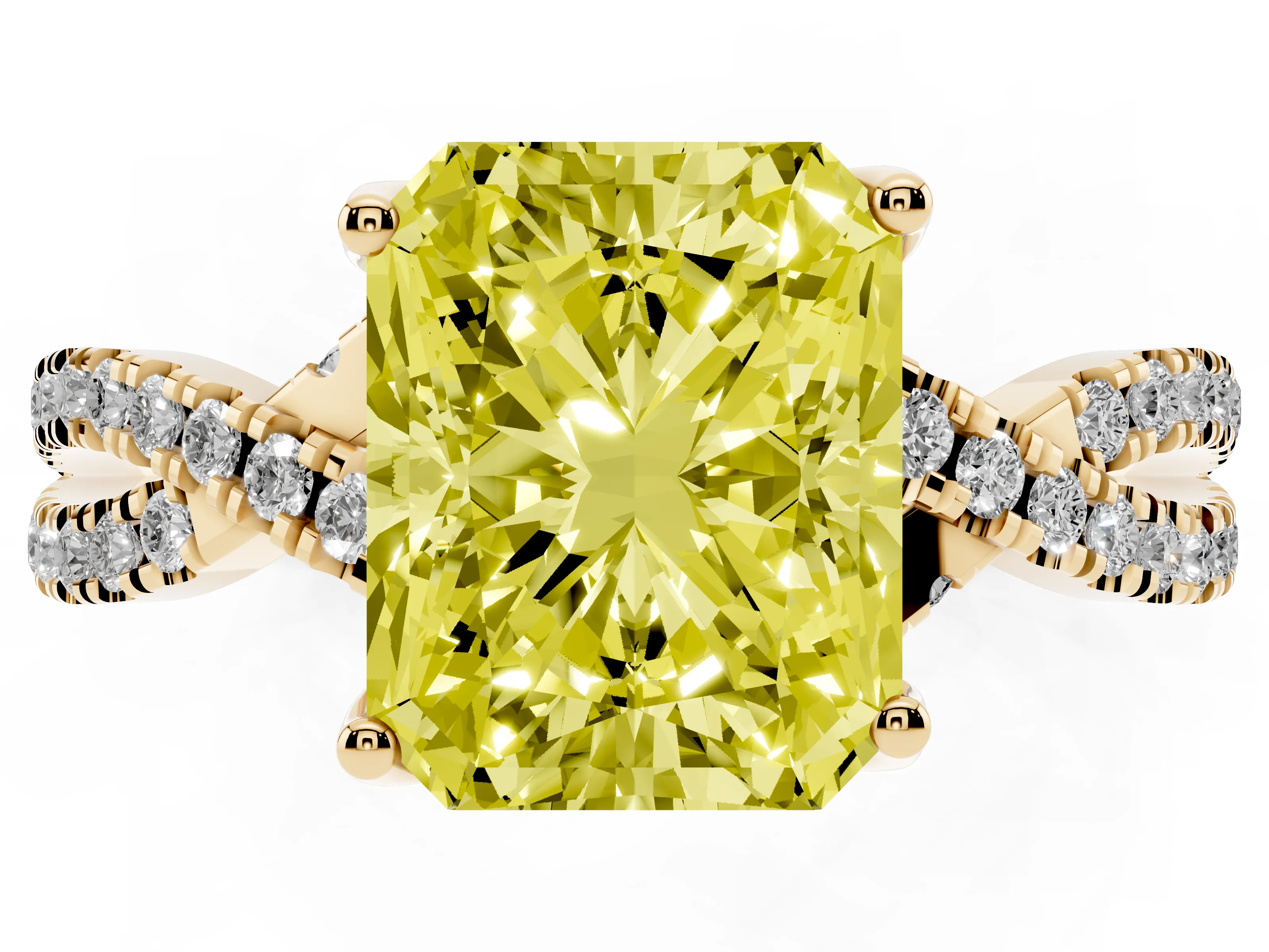 Fancy Yellow Radiant Cut Diamond Twist Pavé Solitaire Engagement Ring Set in Yellow gold with Prong Setting