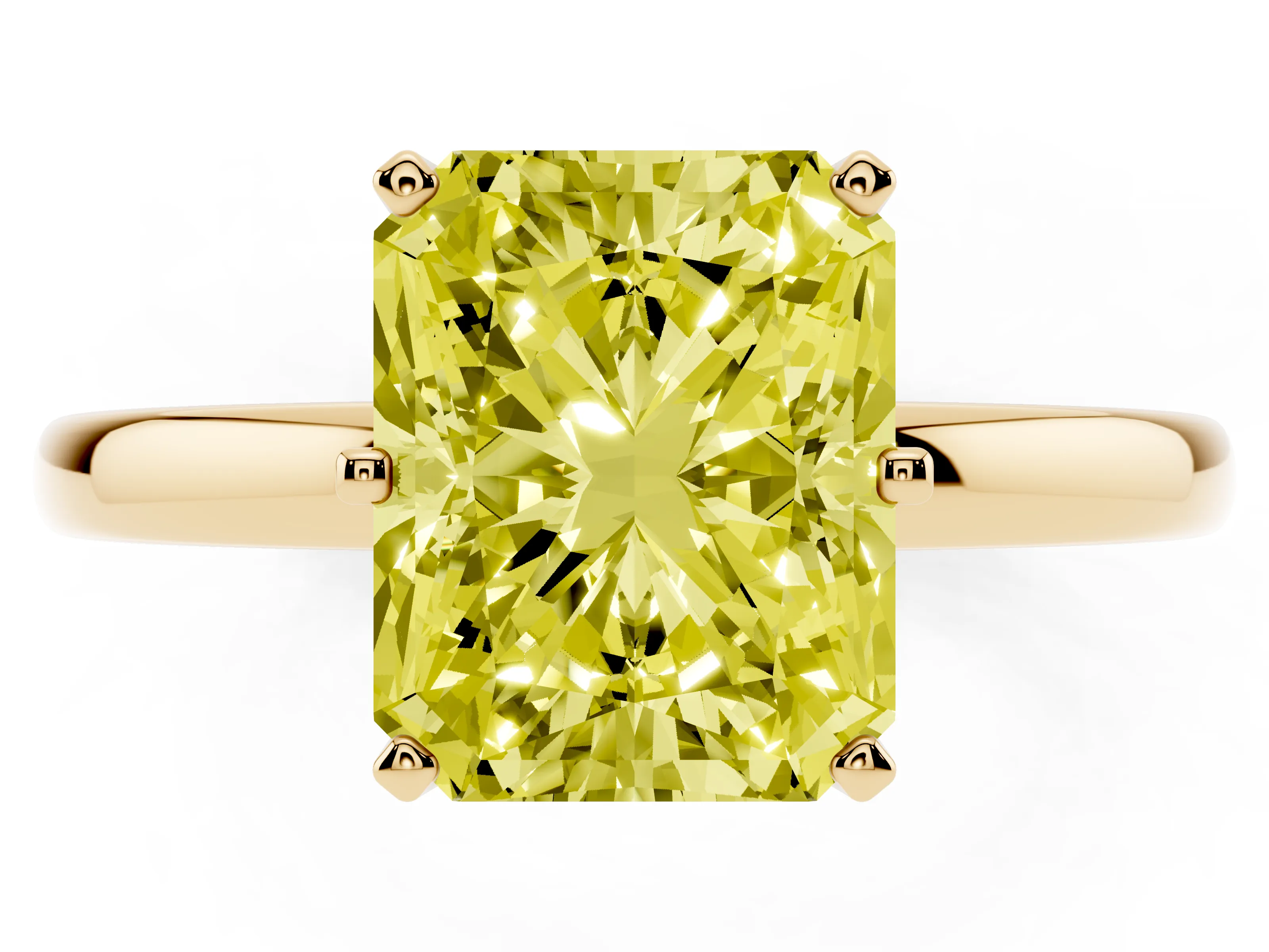 Fancy Yellow Radiant Cut Diamond Solitaire Ring Set in Yellow gold with Raised Prong Setting on a Classic Band