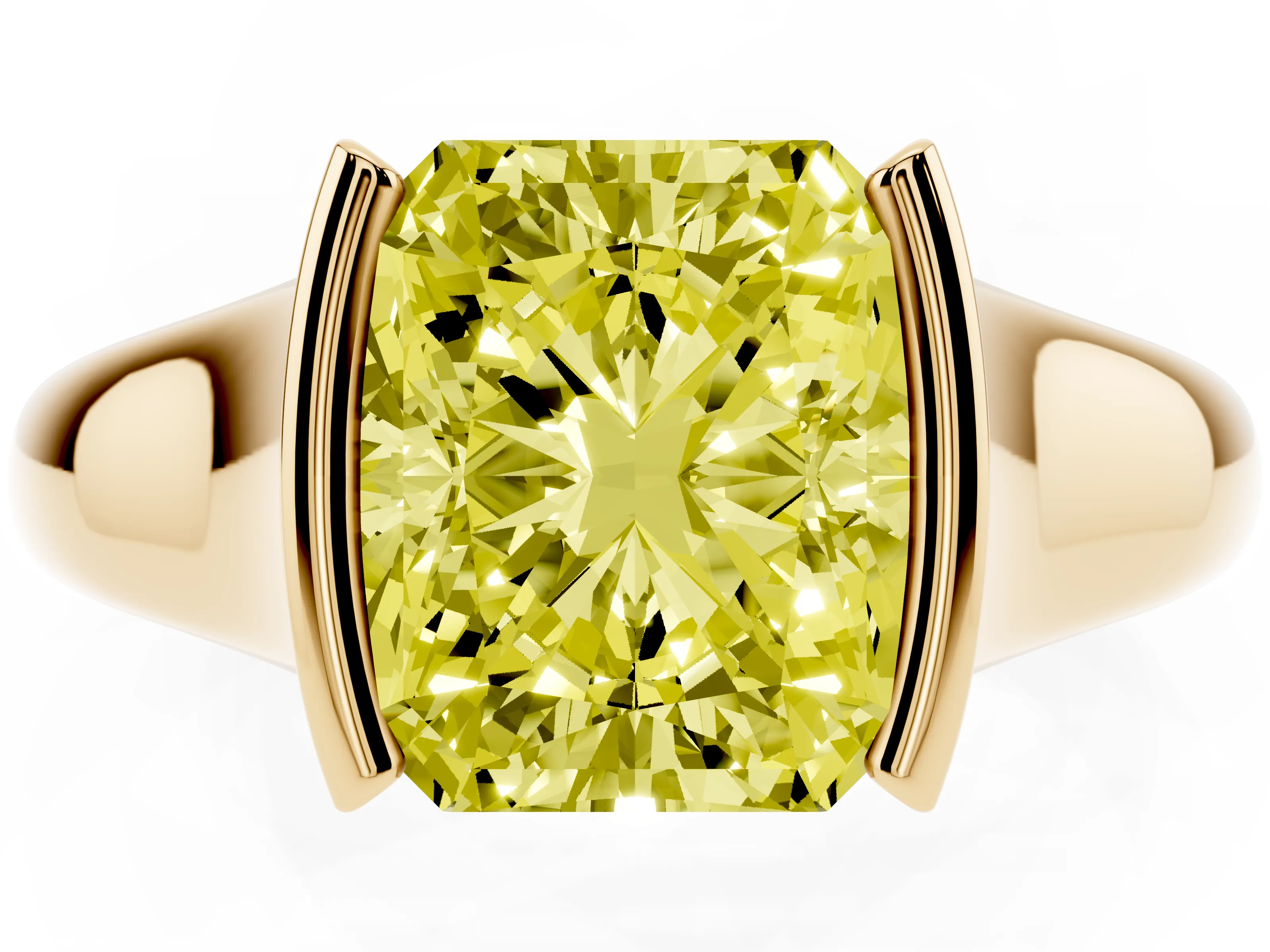 Fancy Yellow Radiant Cut Diamond Solitaire Tension Set Ring Set in Yellow gold with Split Shank Band