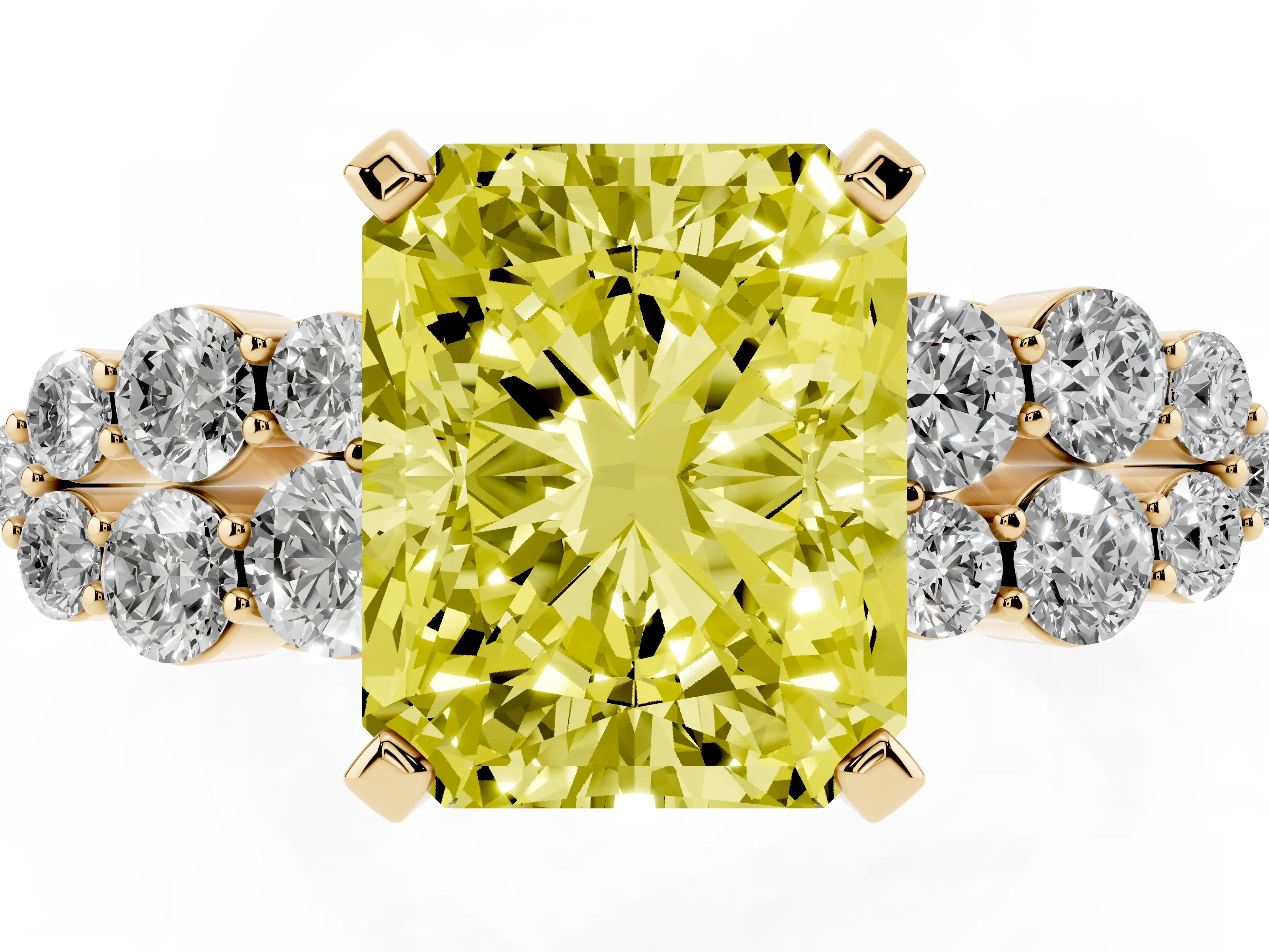 Fancy Yellow Radiant Cut Diamond Cluster Engagement Ring Set in Yellow gold with Pavé Band and Prong Setting
