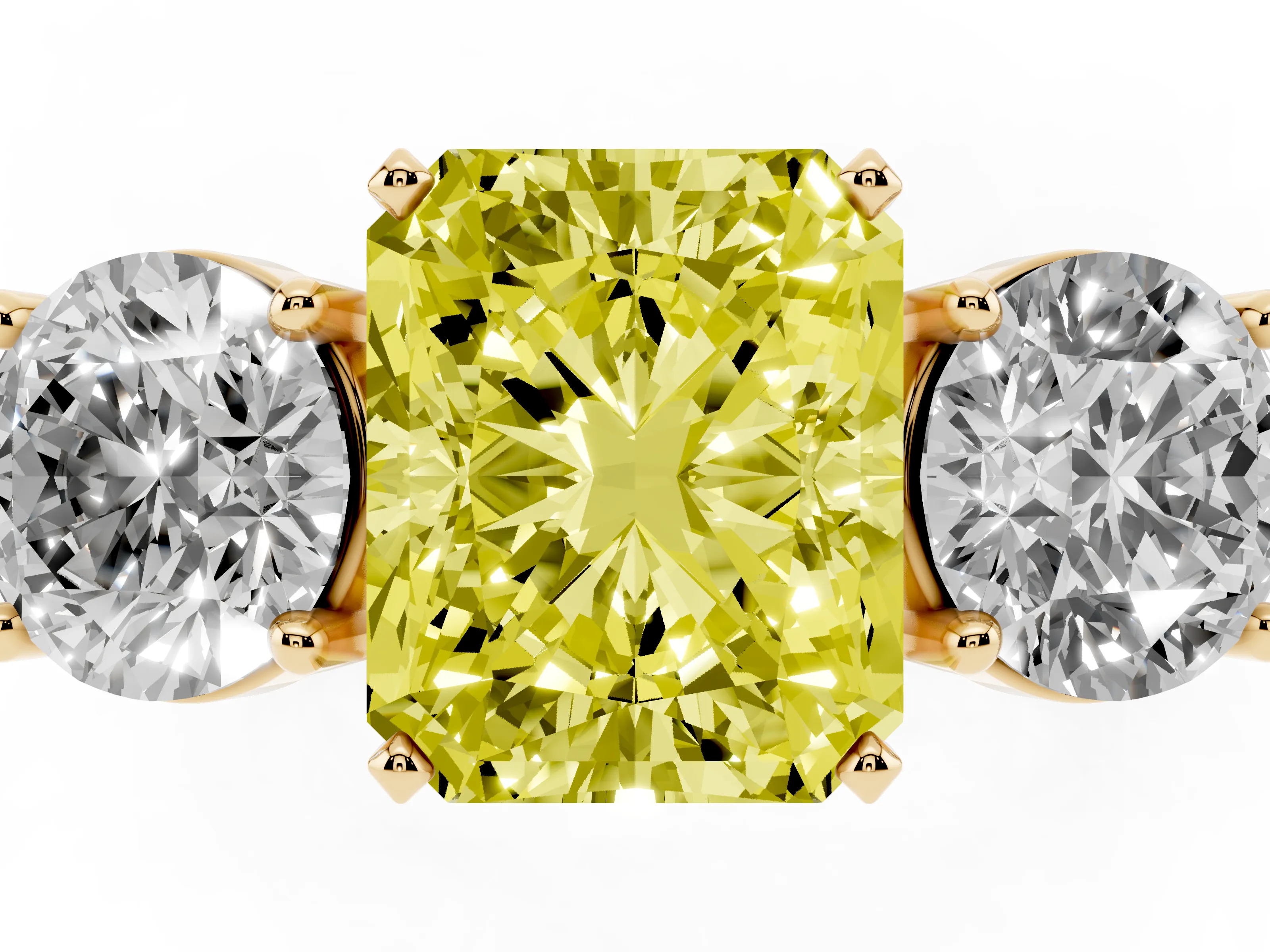 Fancy Yellow Radiant Cut Diamond Three-Stone Ring Set in Yellow gold with Round Side Stones and Classic Band