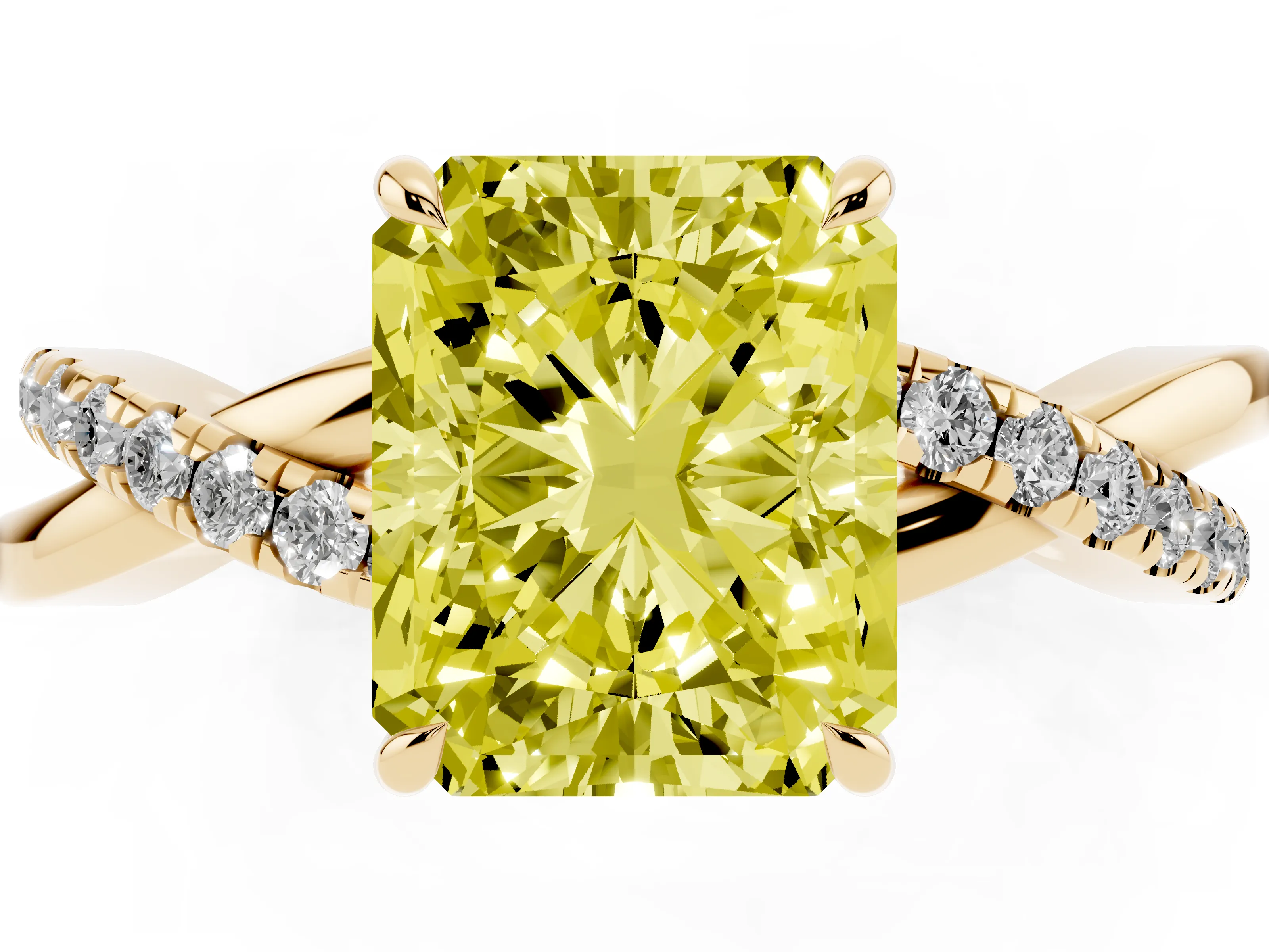 Fancy Yellow Radiant Cut Diamond Twisted Pavé Band Ring Set in Yellow gold with Prong Setting