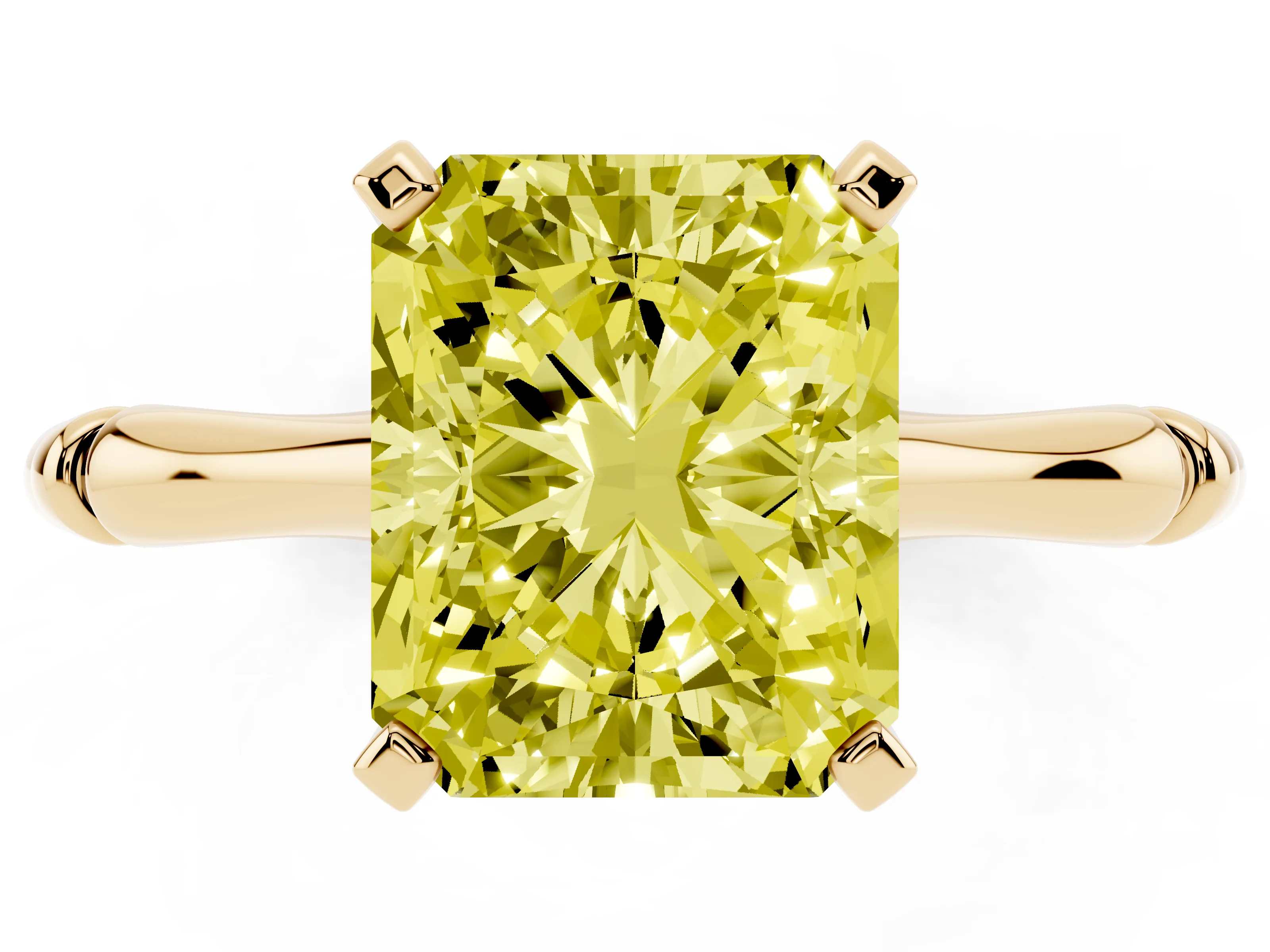 Fancy Yellow Radiant Cut Diamond Solitaire Ring Set in Yellow gold with Bamboo Band and Prong Setting