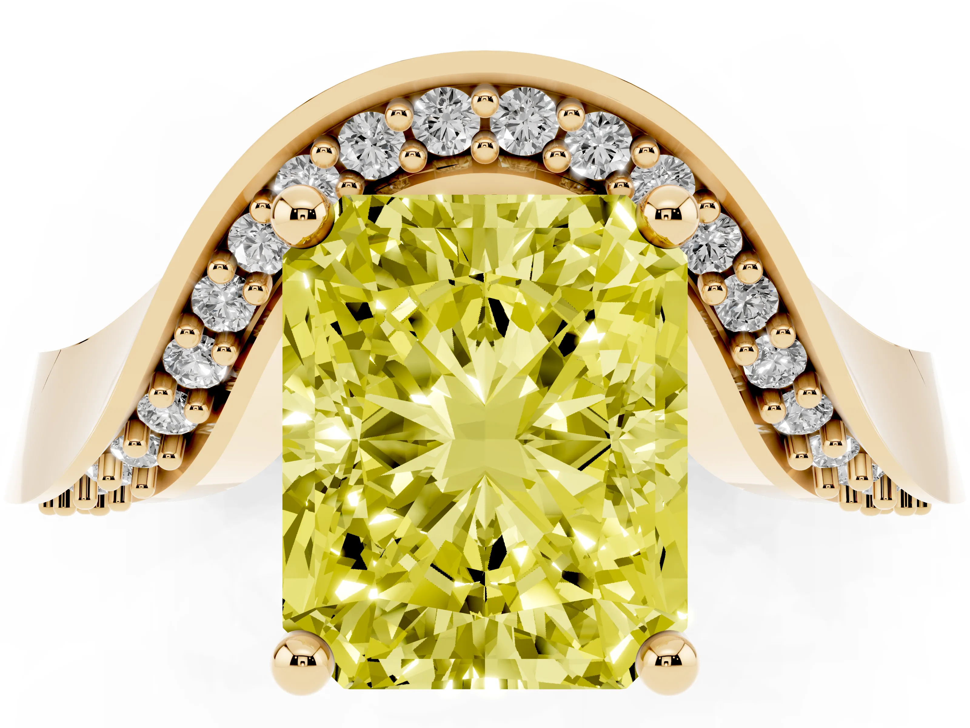 Fancy Yellow Radiant Cut Diamond Solitaire Engagement Ring Set in Yellow gold with Pavé Shoulders