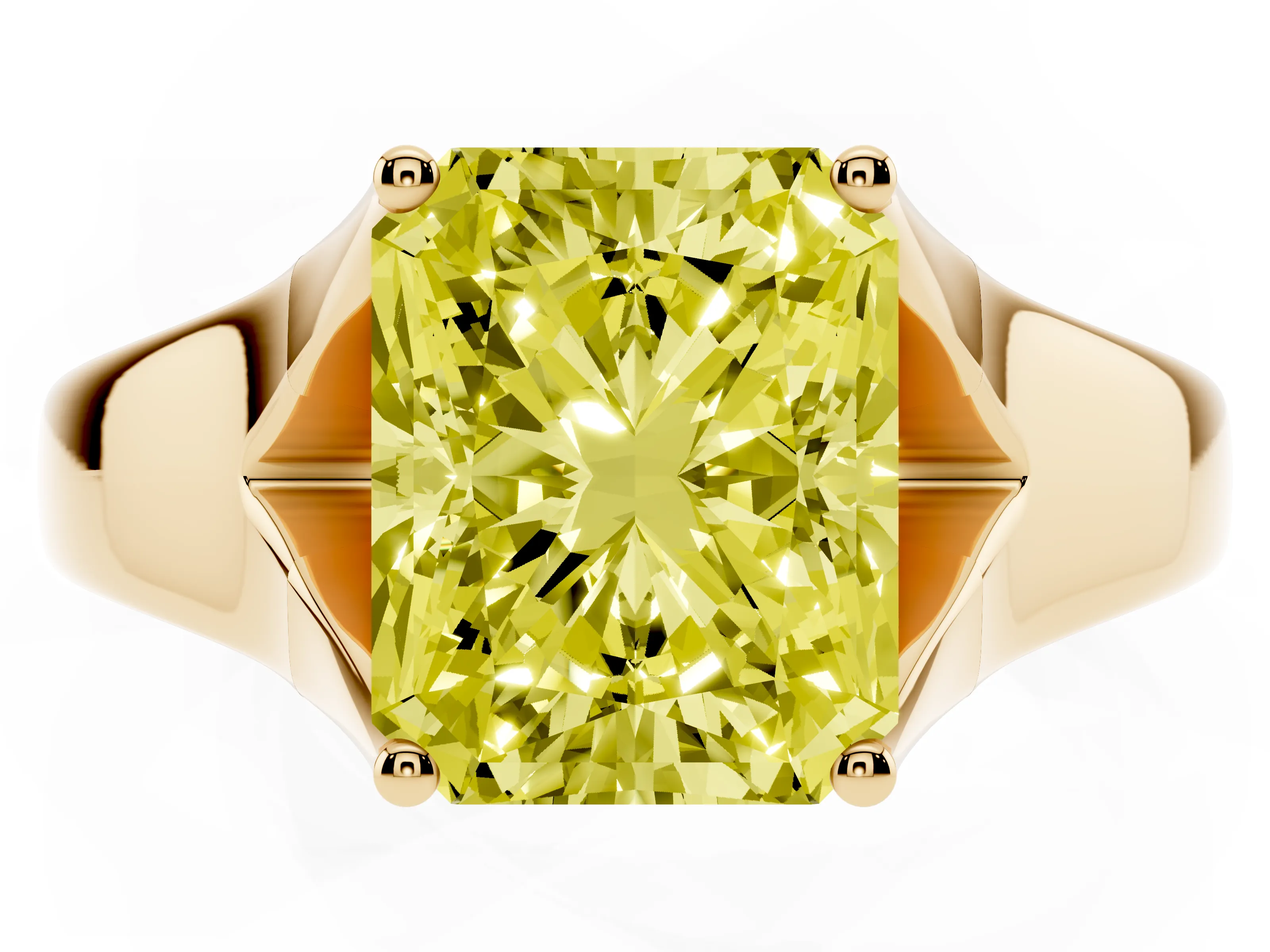 Fancy Yellow Radiant Cut Diamond Solitaire Ring Set in Yellow gold with Arched Cathedral Band and Prong Setting