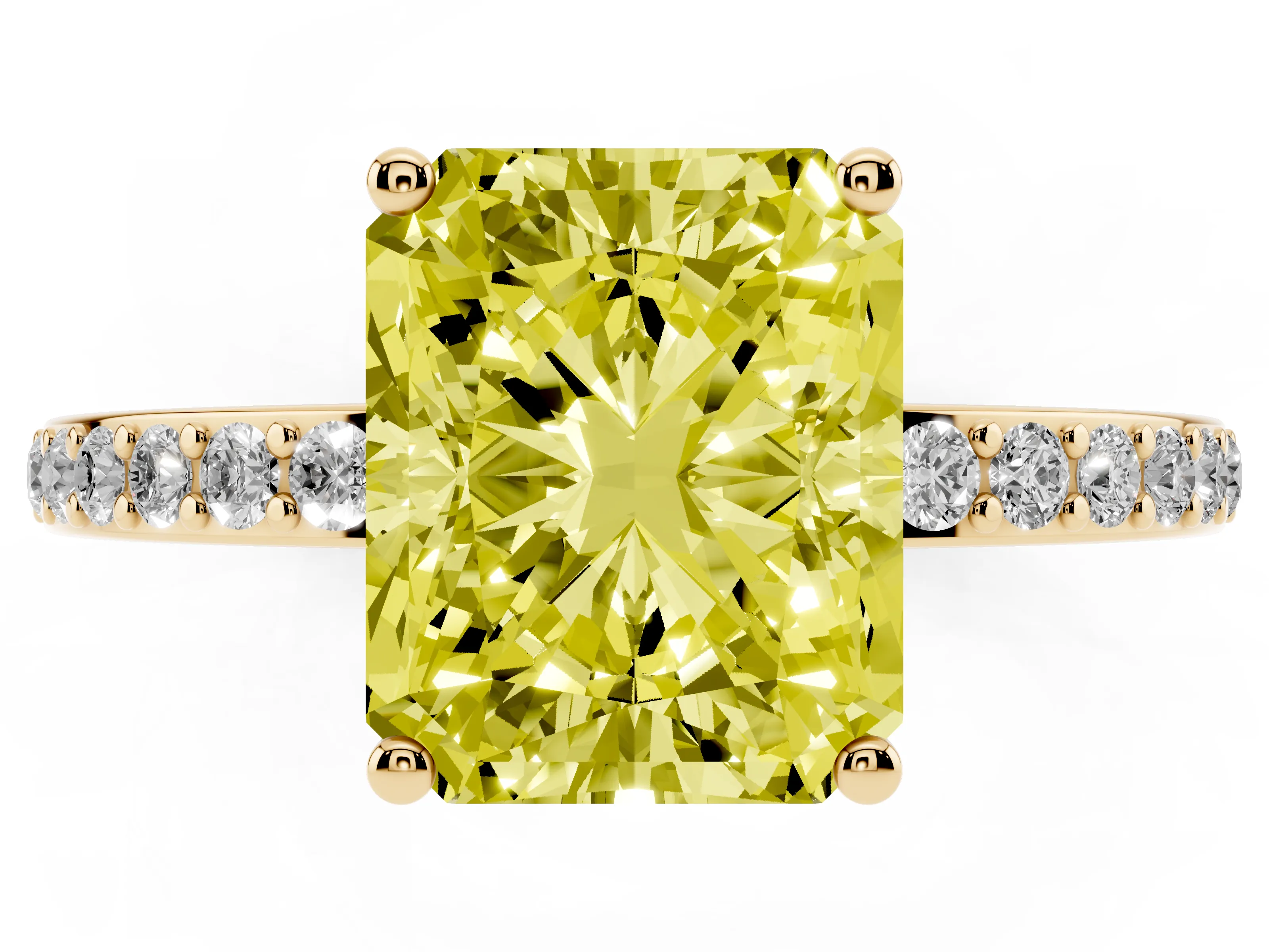 Fancy Yellow Radiant Cut Diamond Pavé Band Ring Set in Yellow gold with Prong-Set Center Stone