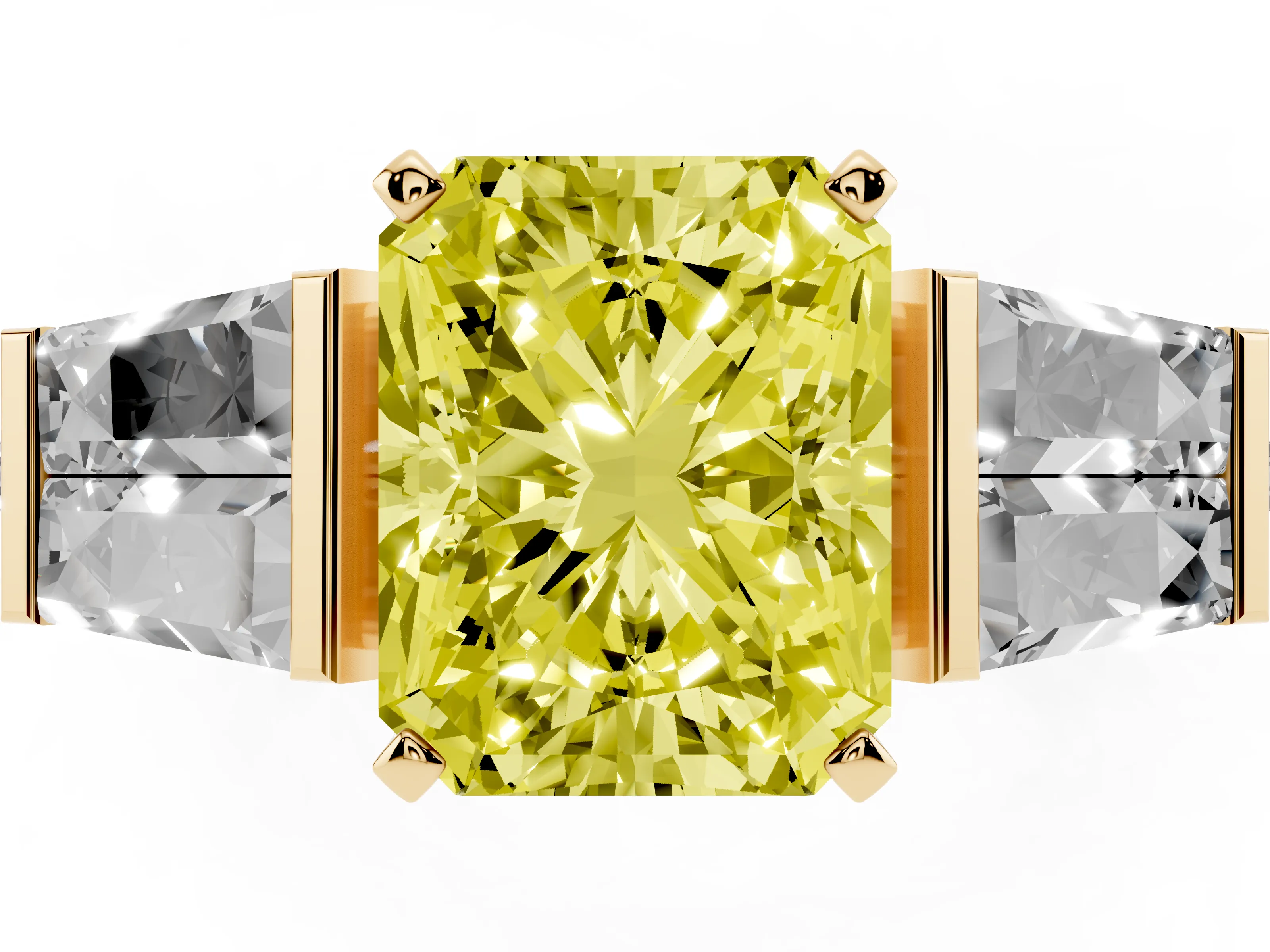 Fancy Yellow Radiant Cut Diamond Engagement Ring Set in Yellow gold with Baguette Side Stones and Channel Set Band