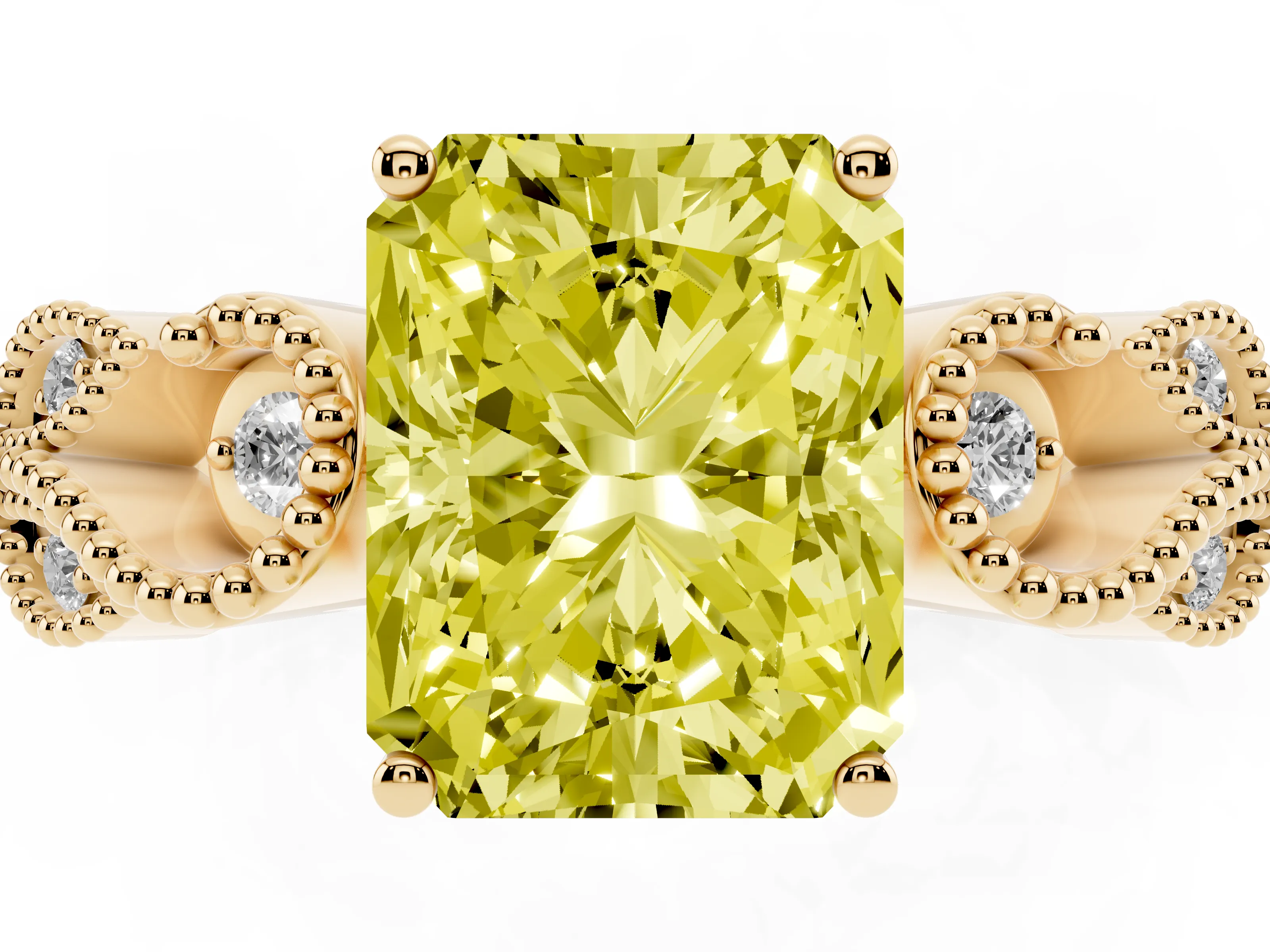 Fancy Yellow Radiant Cut Diamond Milgrain Leaf Band Solitaire Ring Set in Yellow gold with Accent Stones and Prong Setting