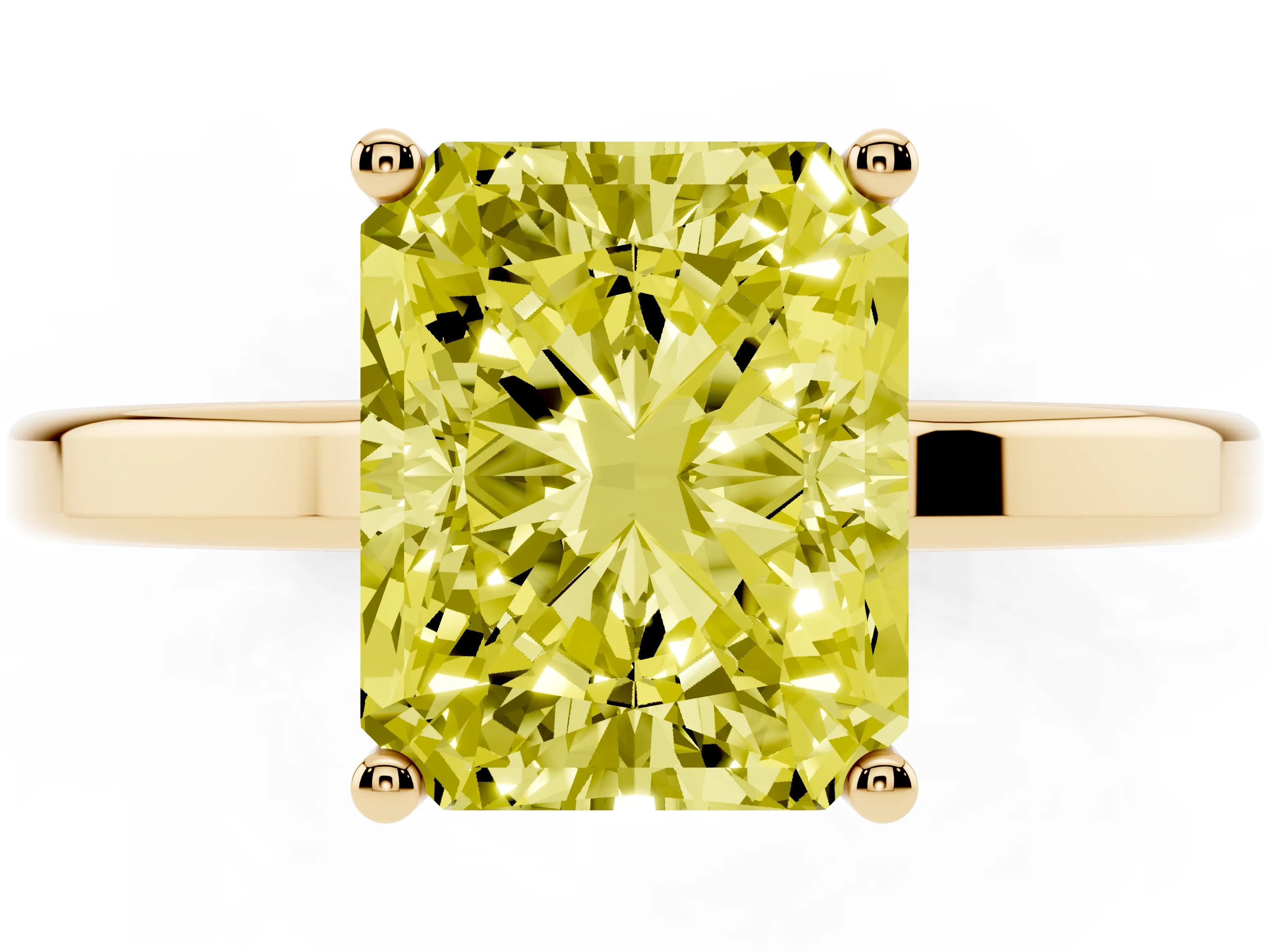 Fancy Yellow Radiant Cut Diamond Solitaire Engagement Ring Set in Yellow gold with Prong Setting on a Plain Band
