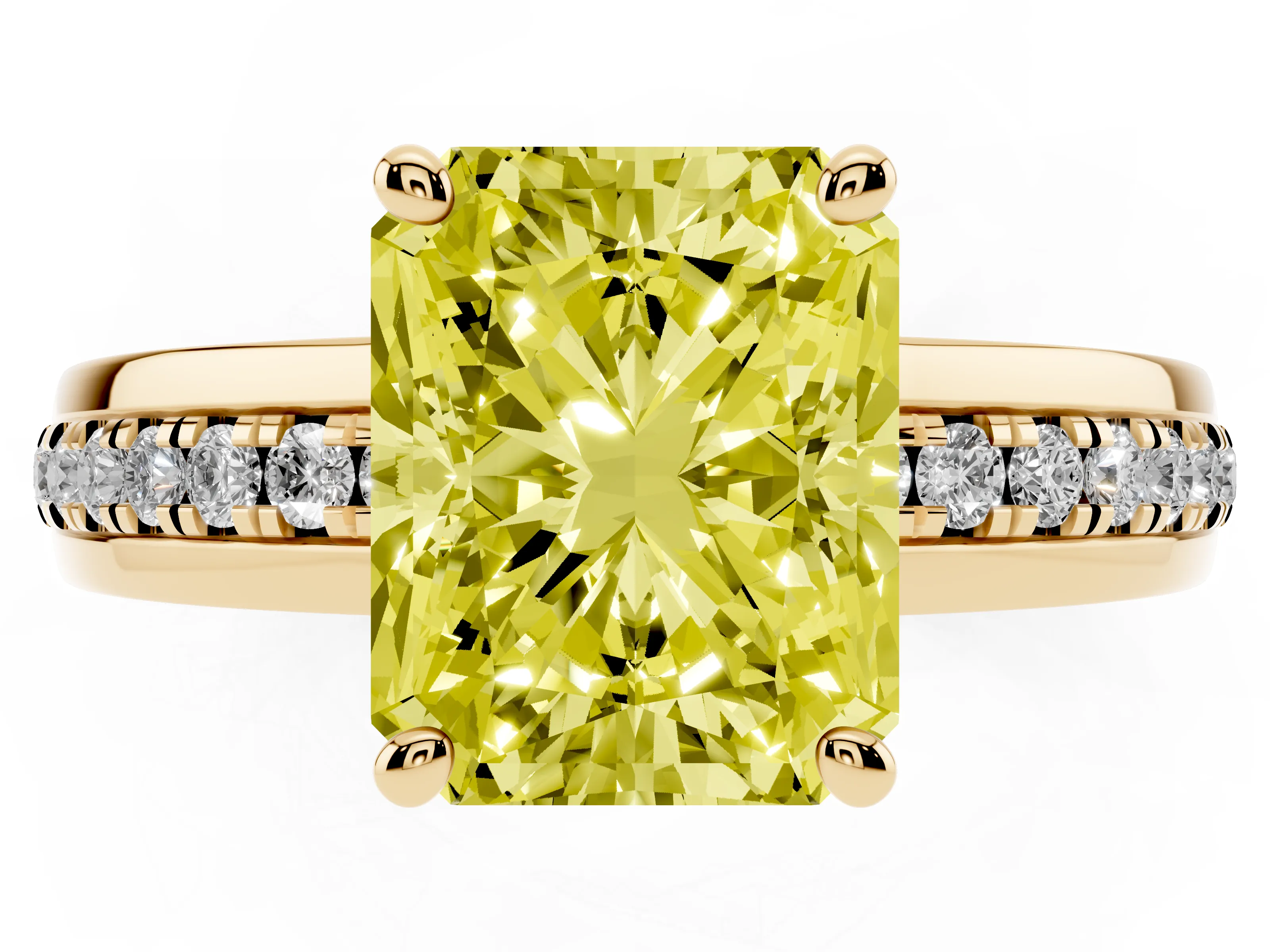 Fancy Yellow Radiant Cut Diamond Solitaire Ring Set in Yellow gold with Channel Set Band and Prong Setting