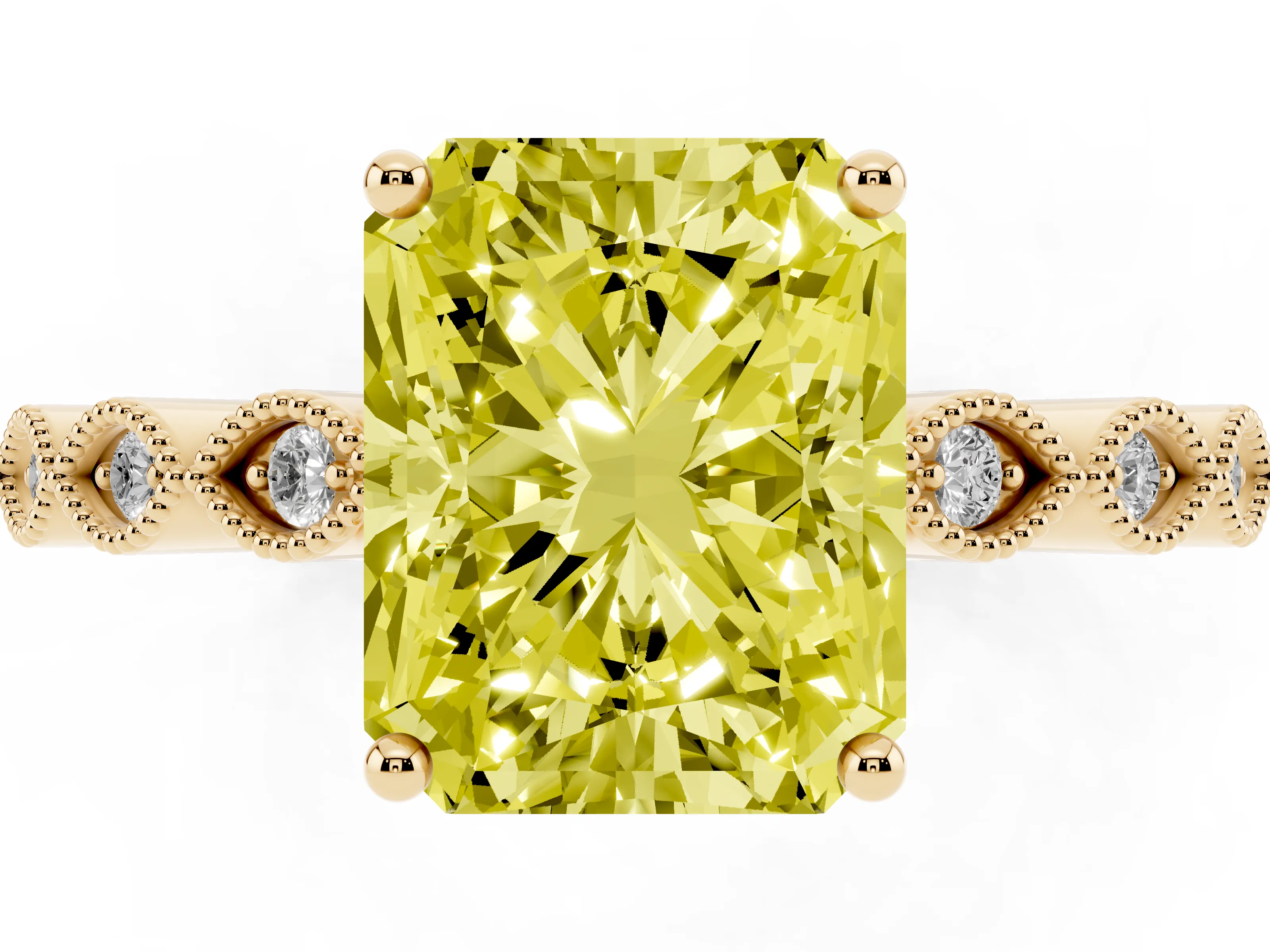 Fancy Yellow Radiant Cut Diamond Solitaire Ring Set in Yellow gold with Infinity Twist Pavé Band