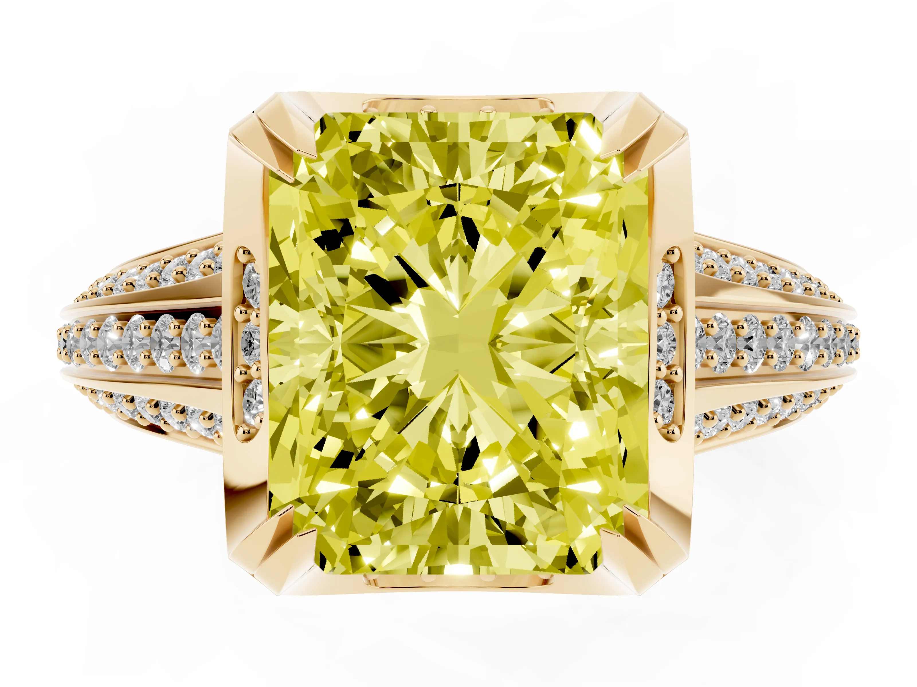 Fancy Yellow Radiant Cut Diamond Pavé Split Shank Solitaire Ring Set in Yellow gold with Prong Setting