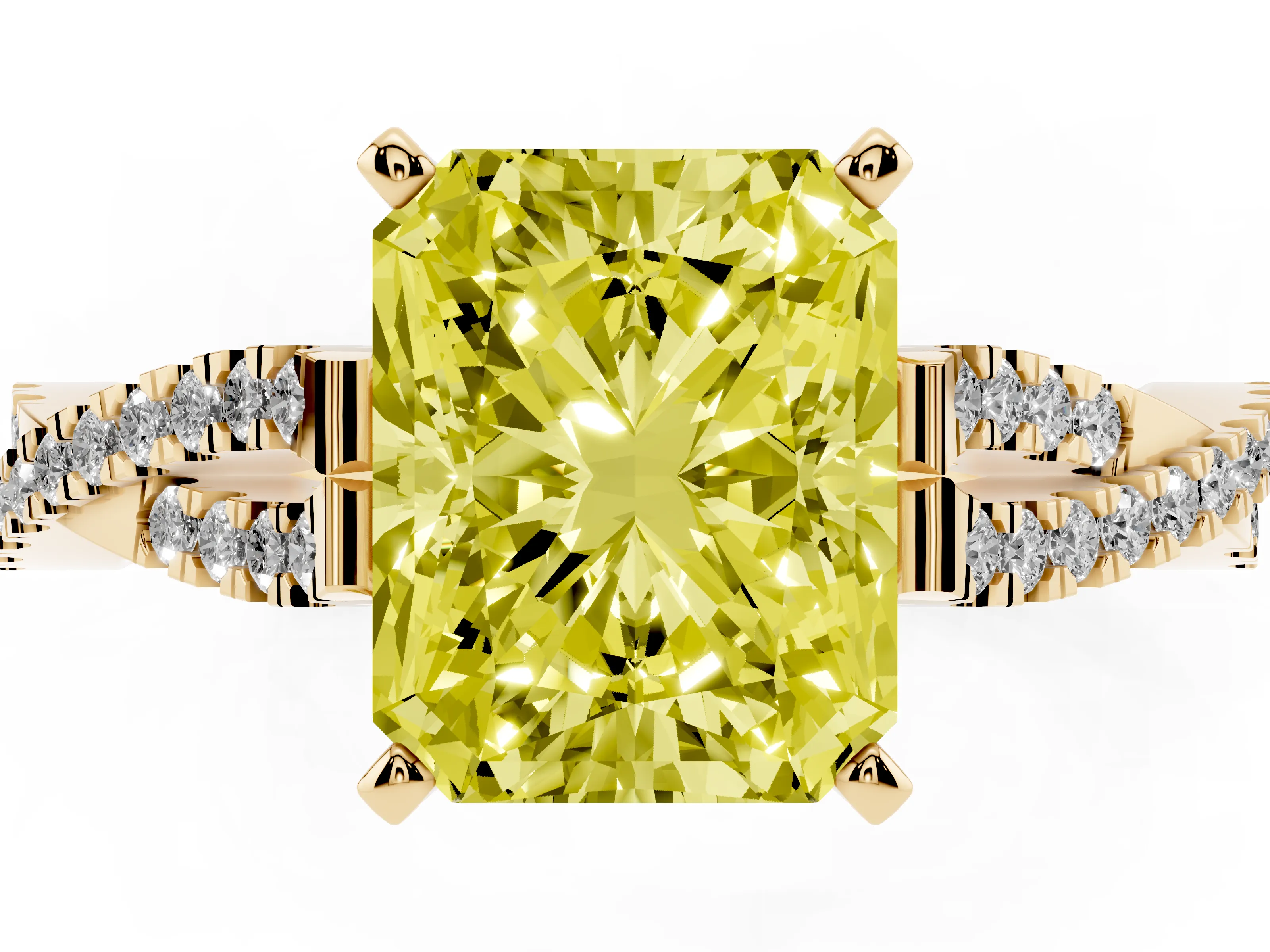 Fancy Yellow Radiant Cut Diamond Solitaire Engagement Ring Set in Yellow gold with Twisted Pavé Band and Prong Setting