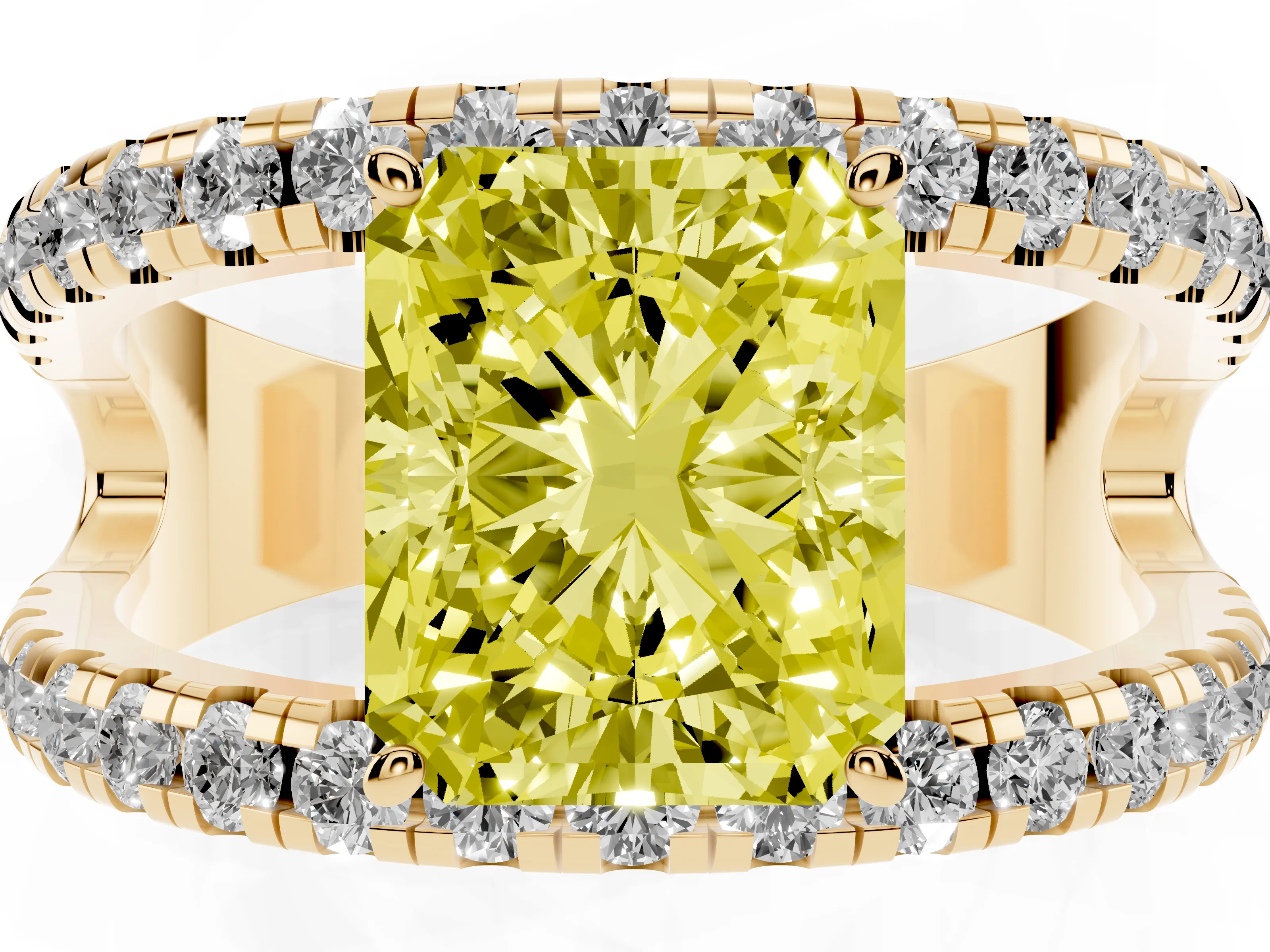 Fancy Yellow Radiant Cut Diamond Split Shank Pavé Solitaire Ring Set in Yellow gold with Open Shank Design