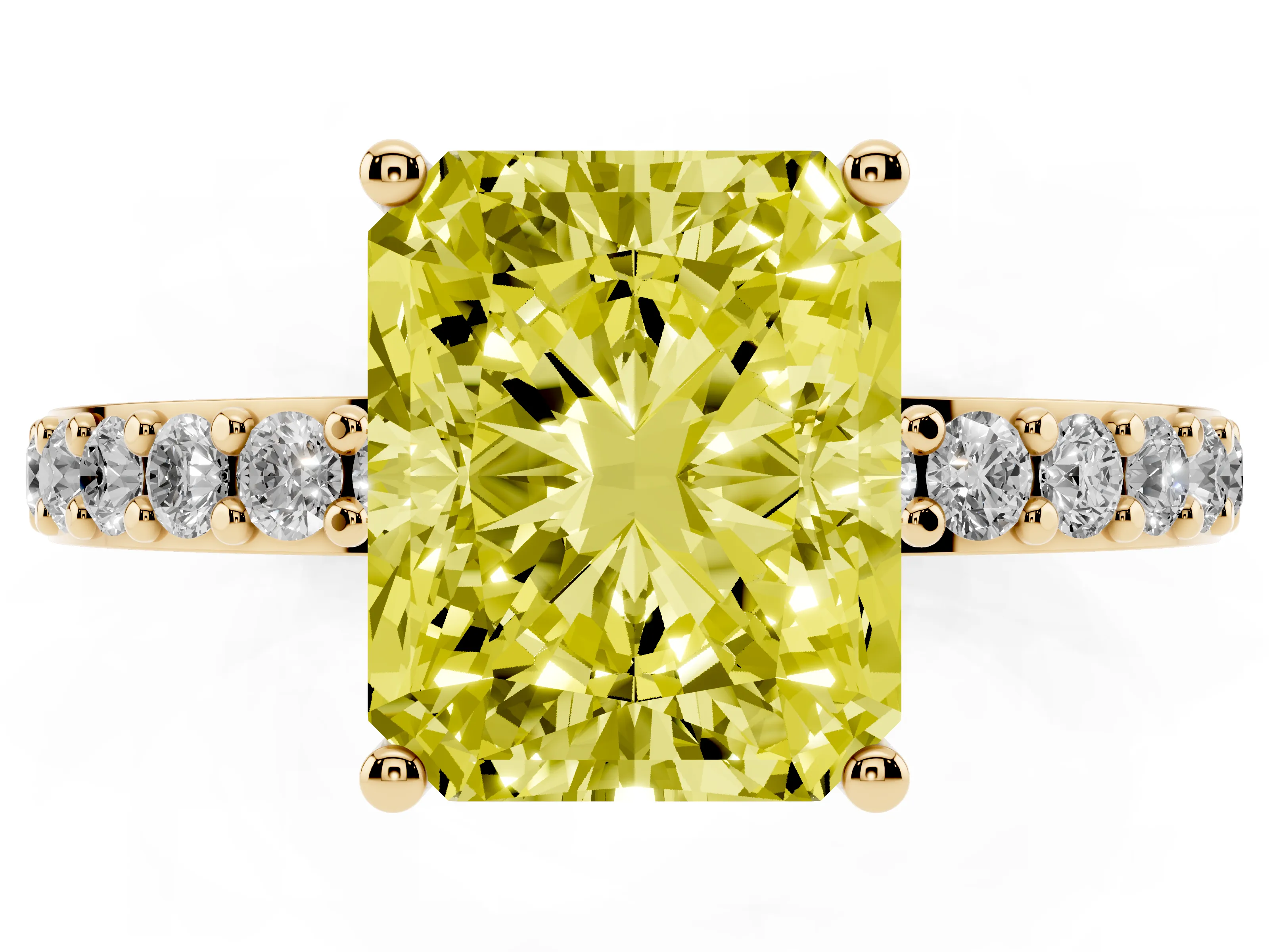 Fancy Yellow Radiant Cut Diamond Solitaire Set in Yellow gold with Round Pavé Band and Prong Setting