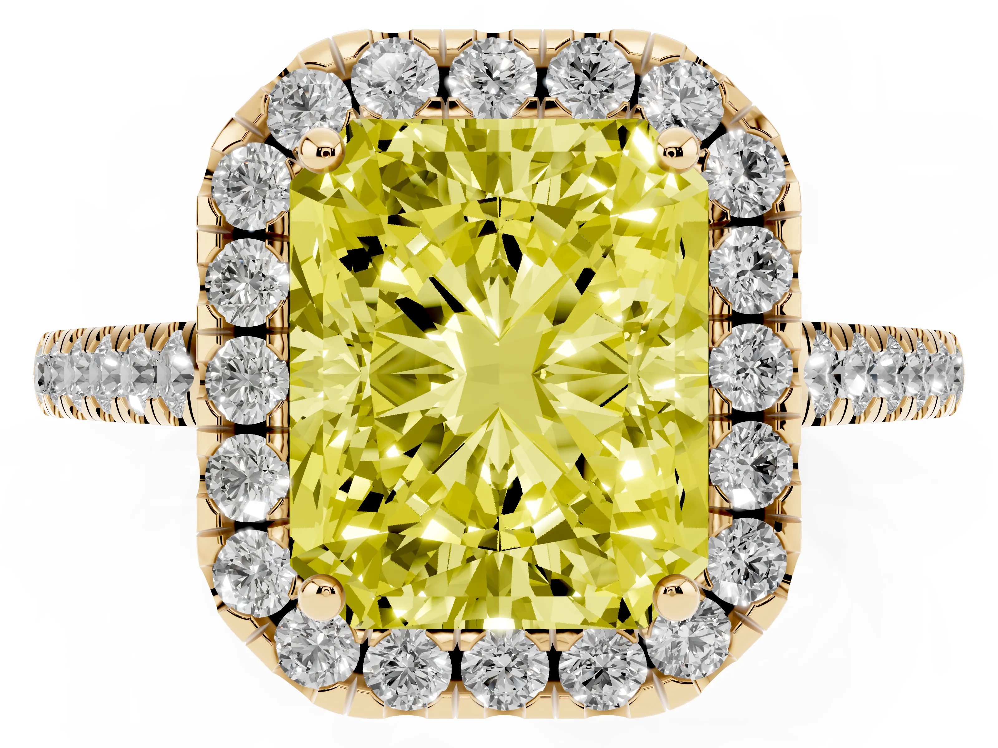 Fancy Yellow Radiant Cut Diamond Pavé Halo Engagement Ring Set in Yellow gold with Pavé Band and Prong Setting
