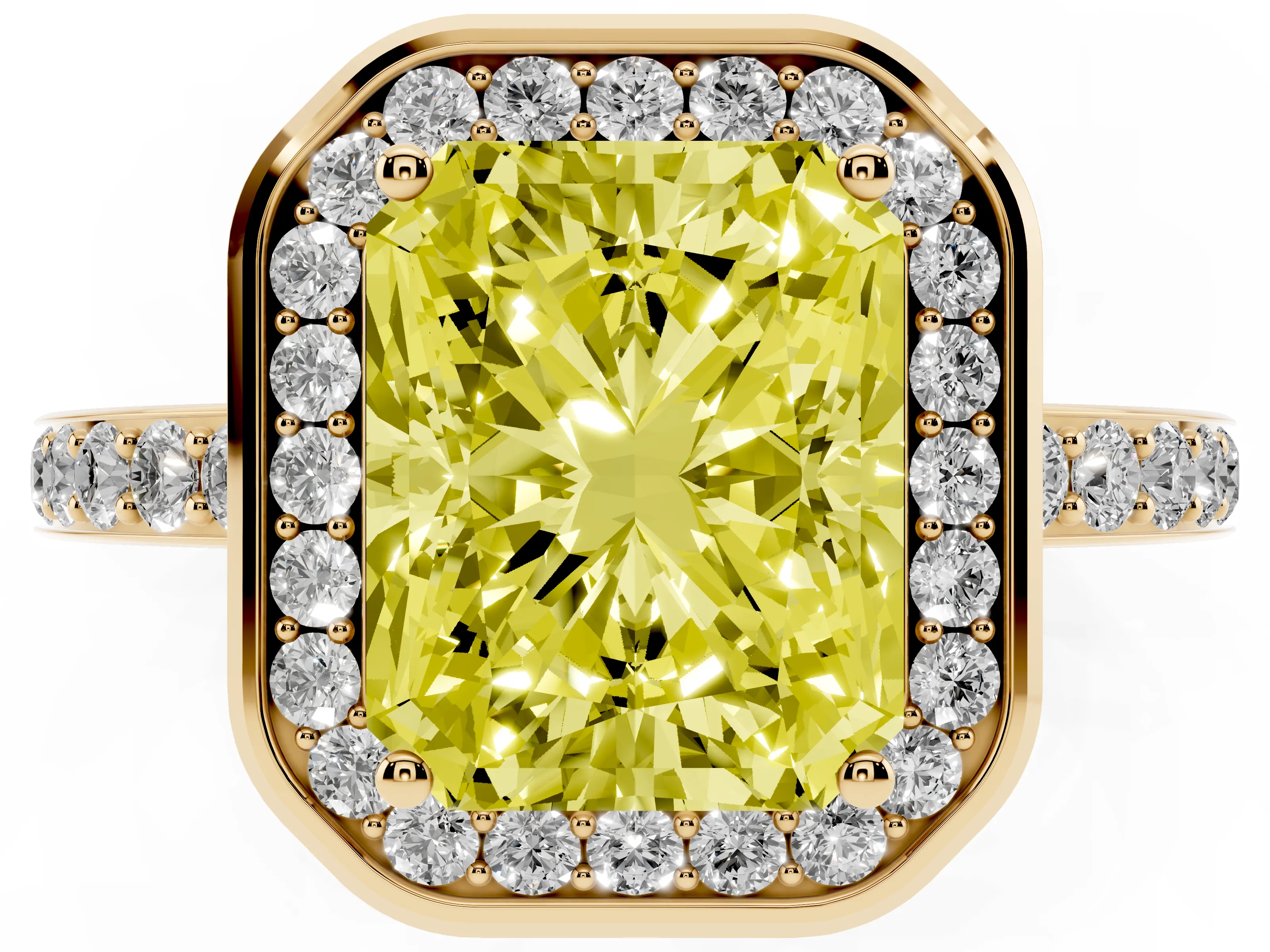 Fancy Yellow Radiant Cut Diamond Halo Ring Set in Yellow gold with Bezel Frame and Pavé Band