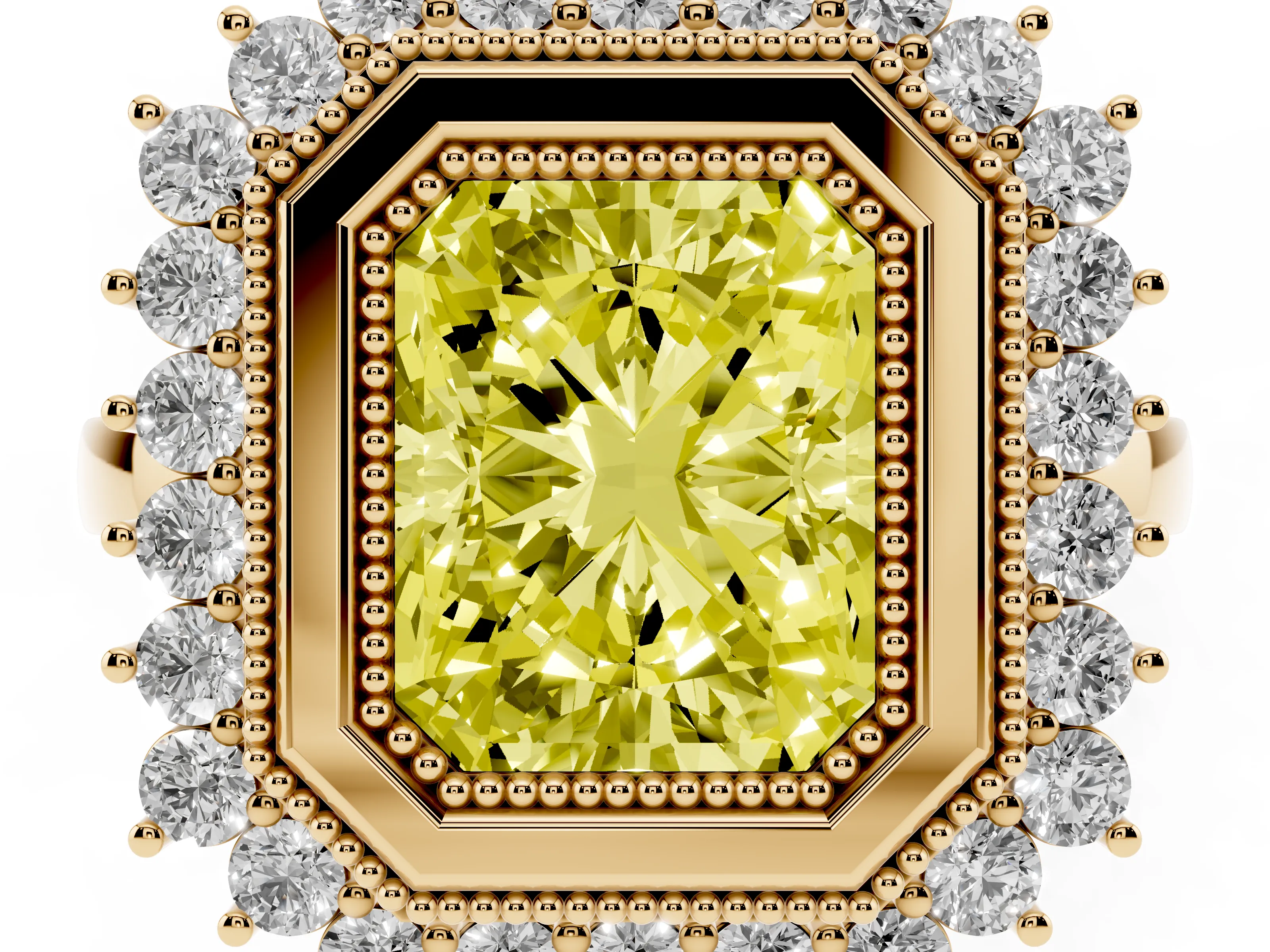 Fancy Yellow Radiant Cut Diamond Halo Ring Set in Yellow gold with Milgrain Edge and Round Prong Setting