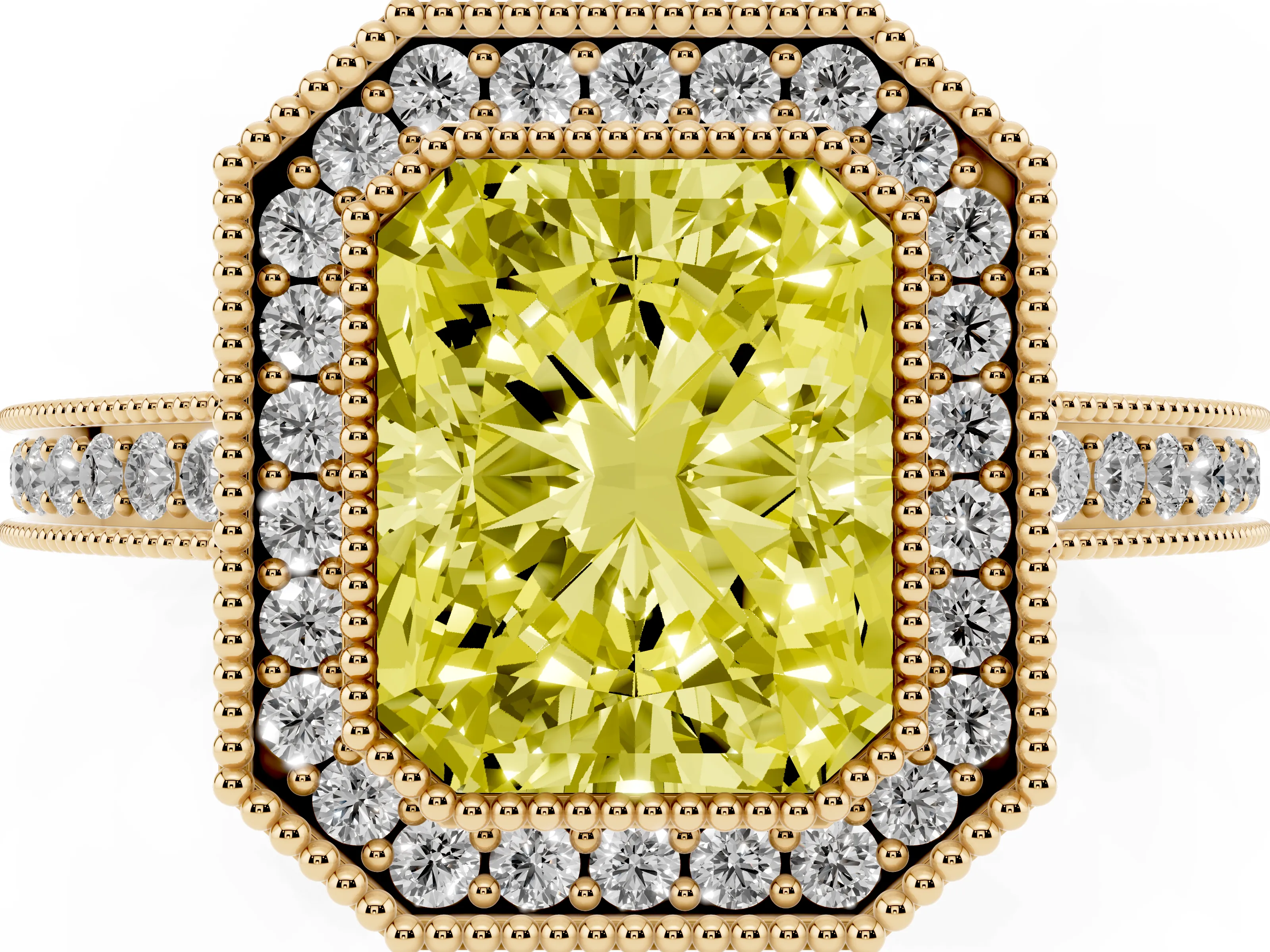 Fancy Yellow Radiant Cut Diamond Halo Ring Set in Yellow gold with Pavé Band and Milgrain-Edged Prongs