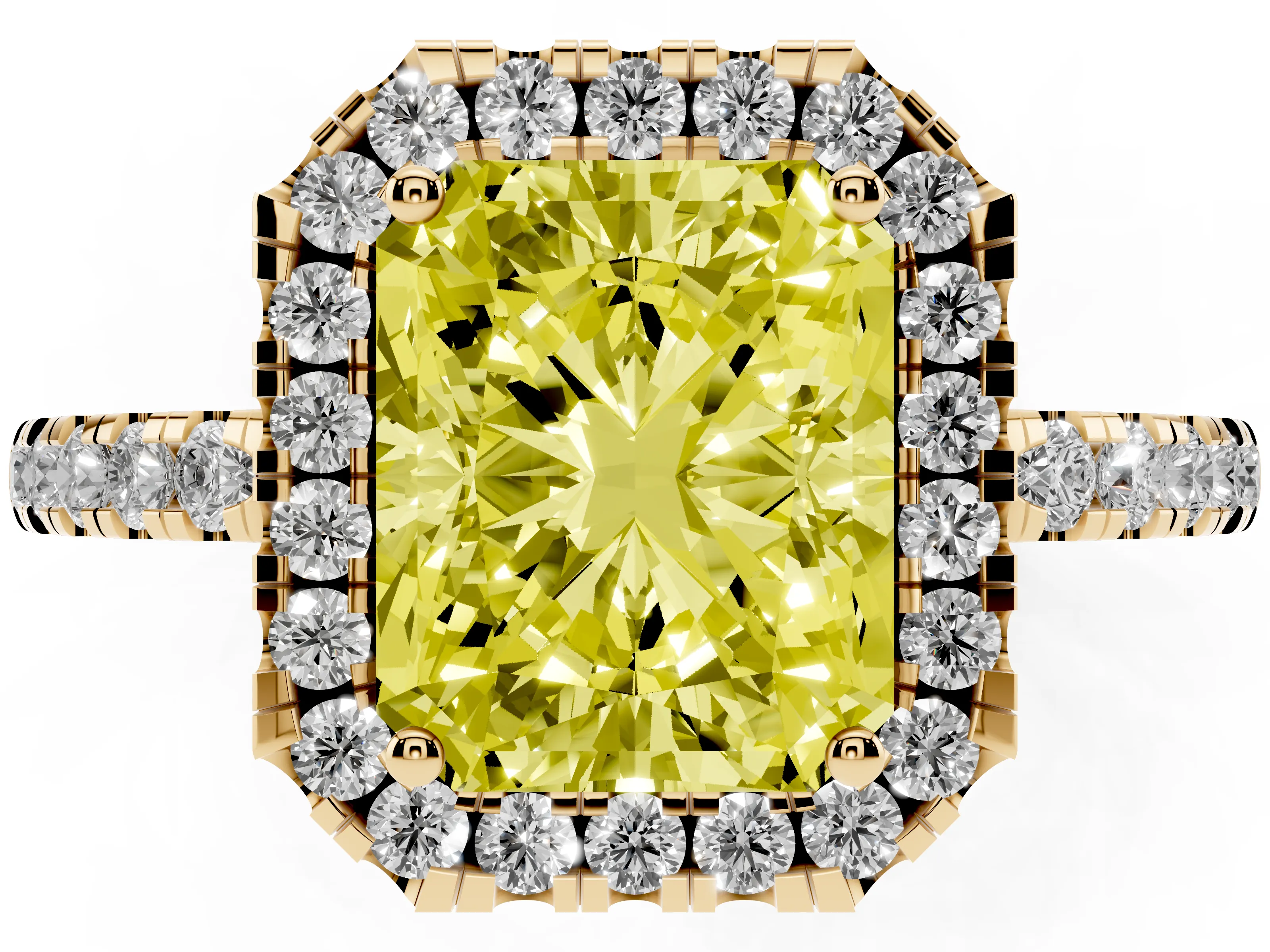 Fancy Yellow Radiant Cut Diamond Pavé Band Halo Engagement Ring Set in Yellow gold with Prong Setting