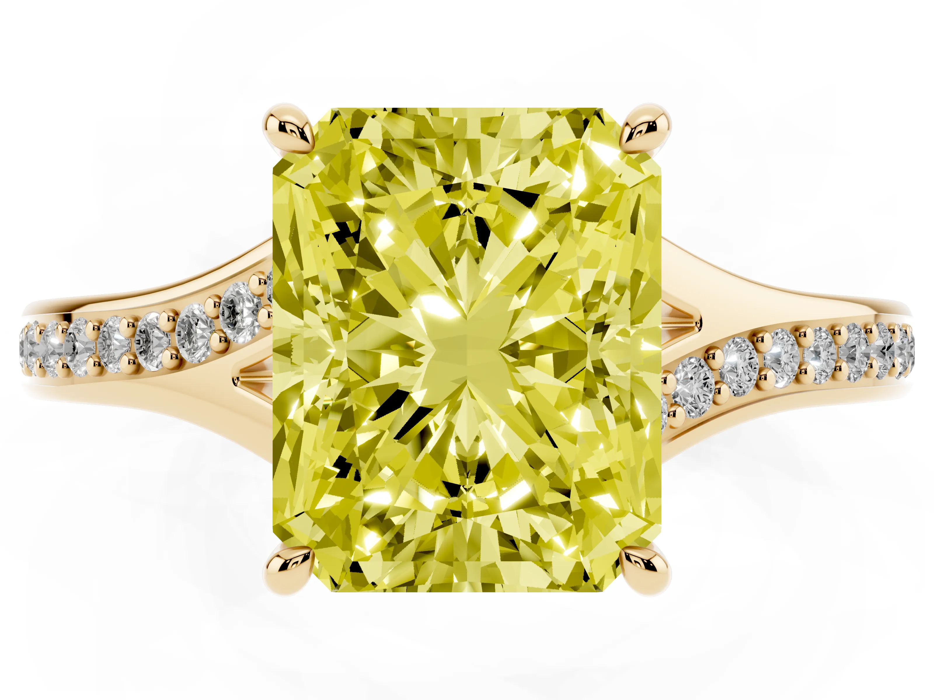 Fancy Yellow Radiant Cut Diamond Solitaire Ring Set in Yellow gold with Pavé Accent Band and Classic Prong Setting