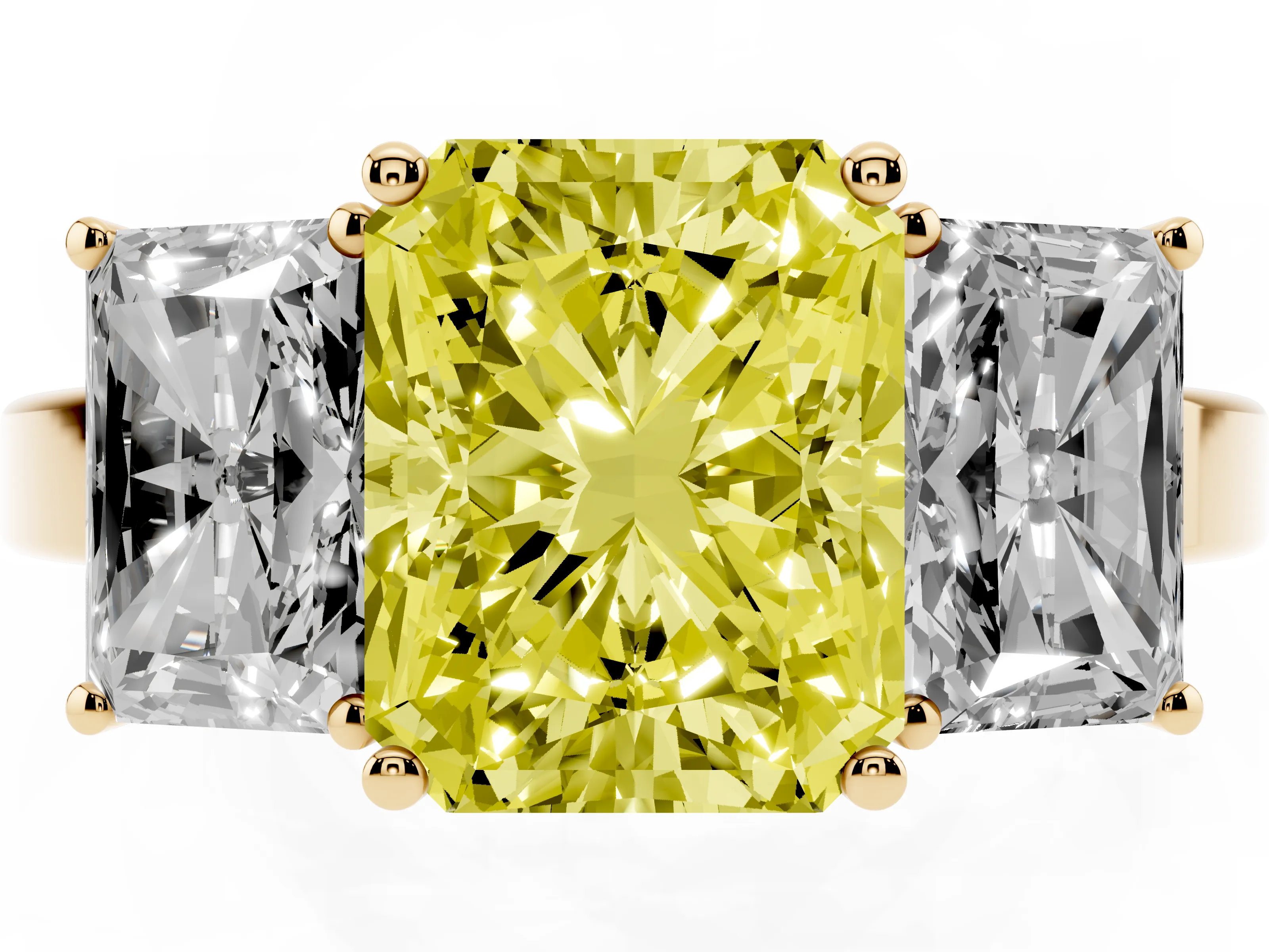 Fancy Yellow Radiant Cut Diamond Three-Stone Engagement Ring Set in Yellow gold with Flat Band