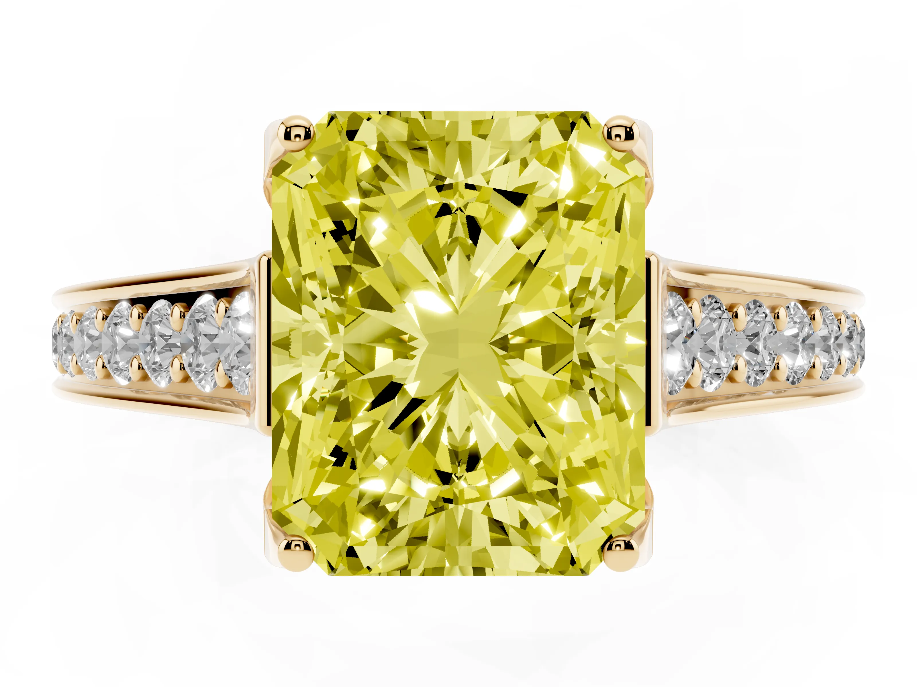 Fancy Yellow Radiant Cut Diamond Solitaire Pavé Engagement Ring Set in Yellow gold with Prong Setting