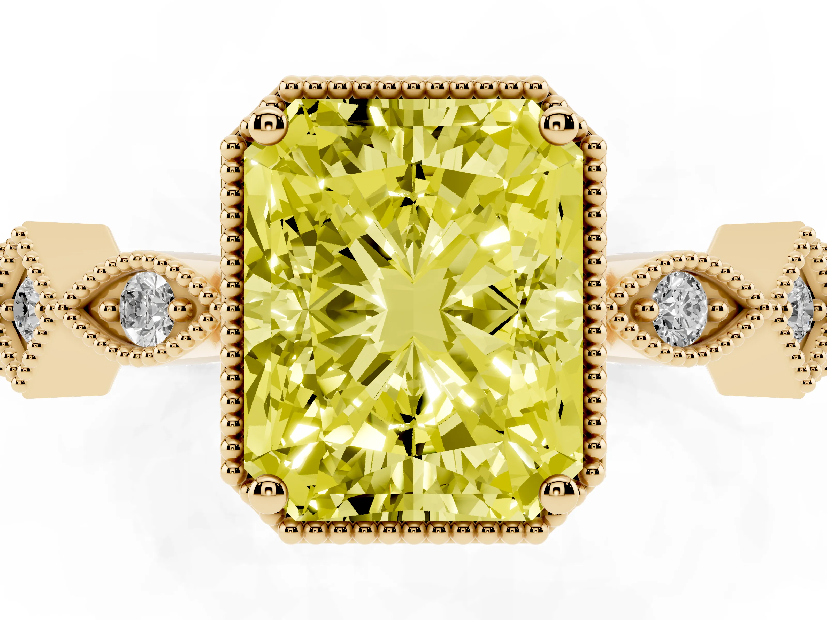 Fancy Yellow Radiant Cut Diamond Milgrain Marquise Twist Band Ring Set in Yellow gold with Prong Setting