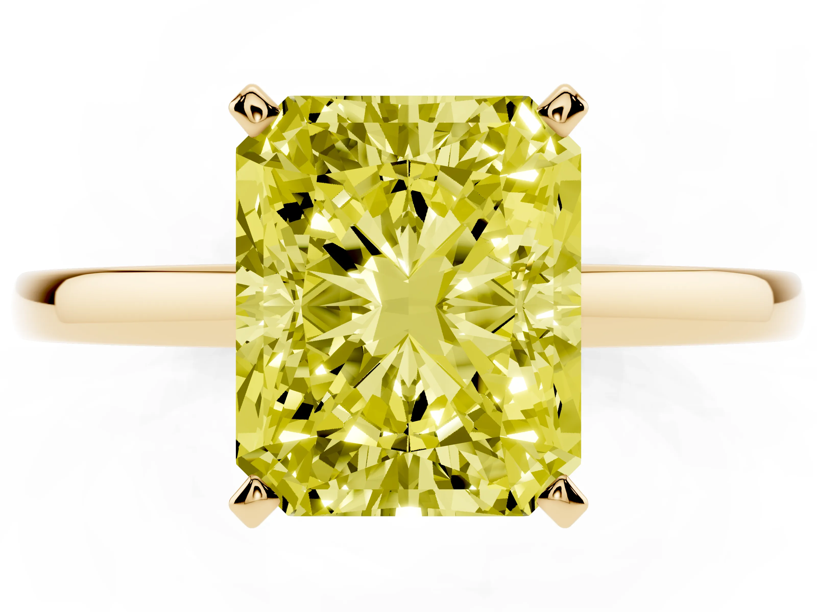 Fancy Yellow Radiant Cut Diamond Solitaire Engagement Ring Set in Yellow gold with Prong Setting on a Classic Band