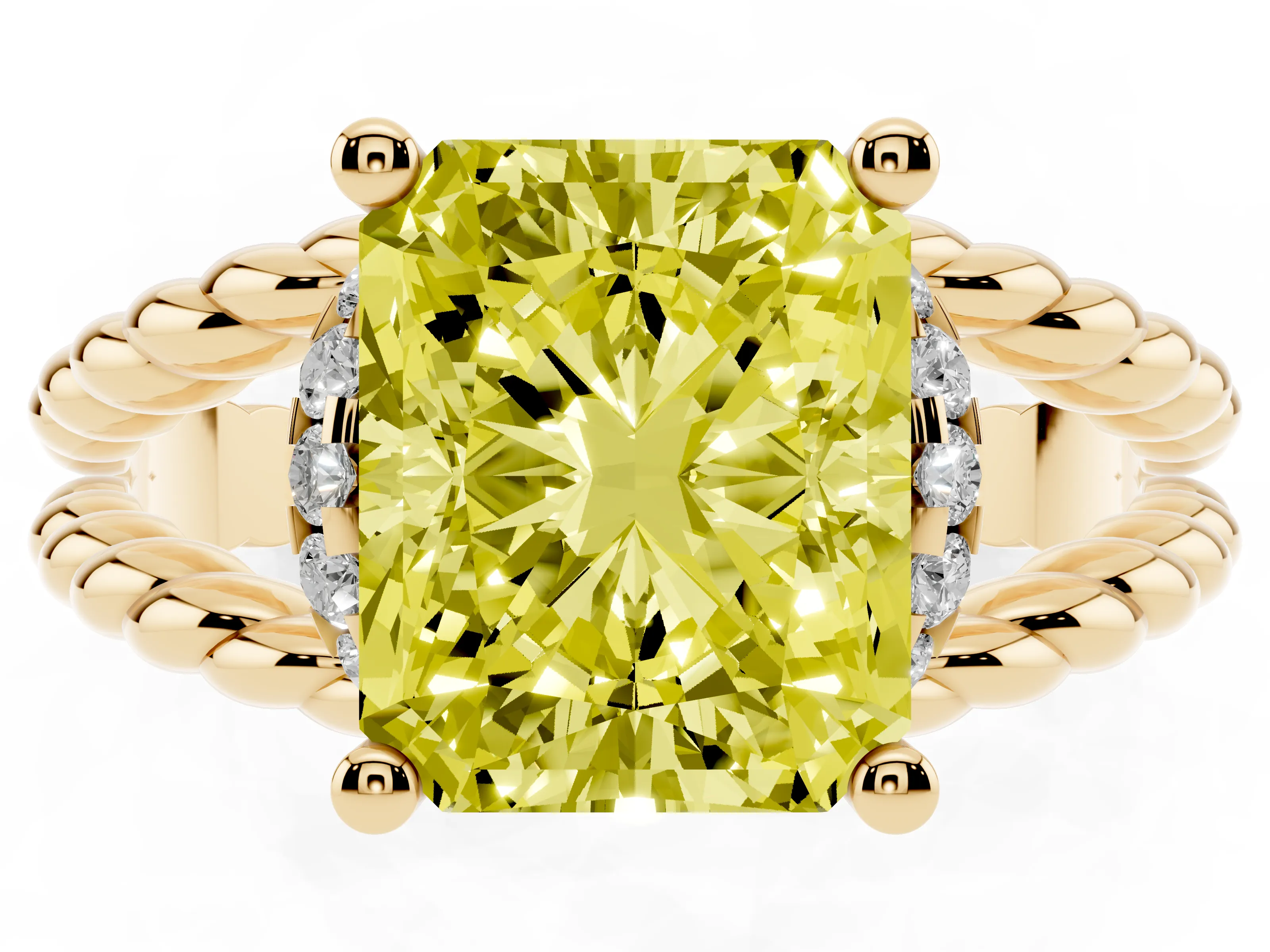 Fancy Yellow Radiant Cut Diamond Halo Ring Set in Yellow gold with Twisted Band and Prong Setting