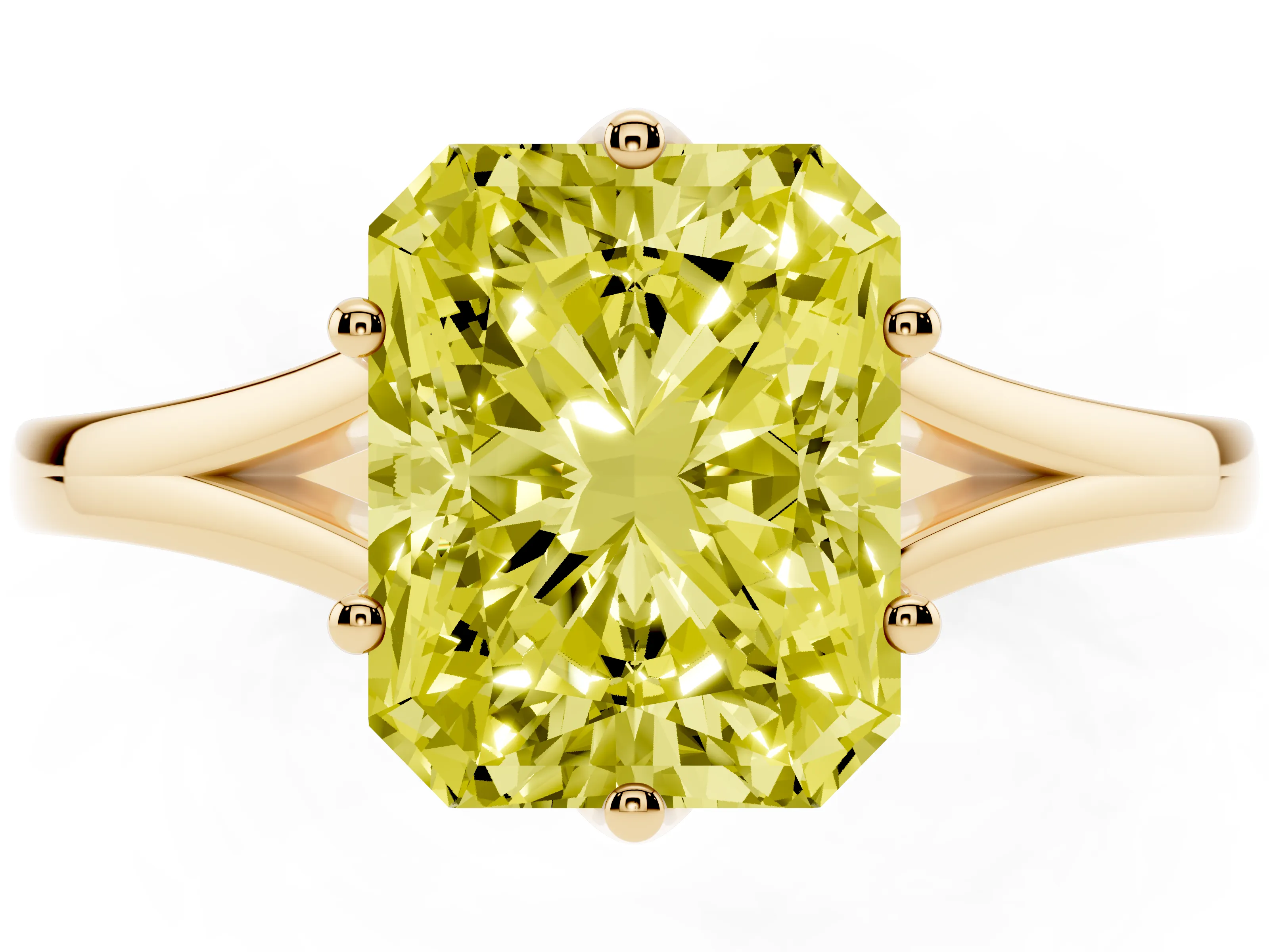 Fancy Yellow Radiant Cut Diamond Solitaire Ring Set in Yellow gold with Polished Tapered Band and Prong Setting