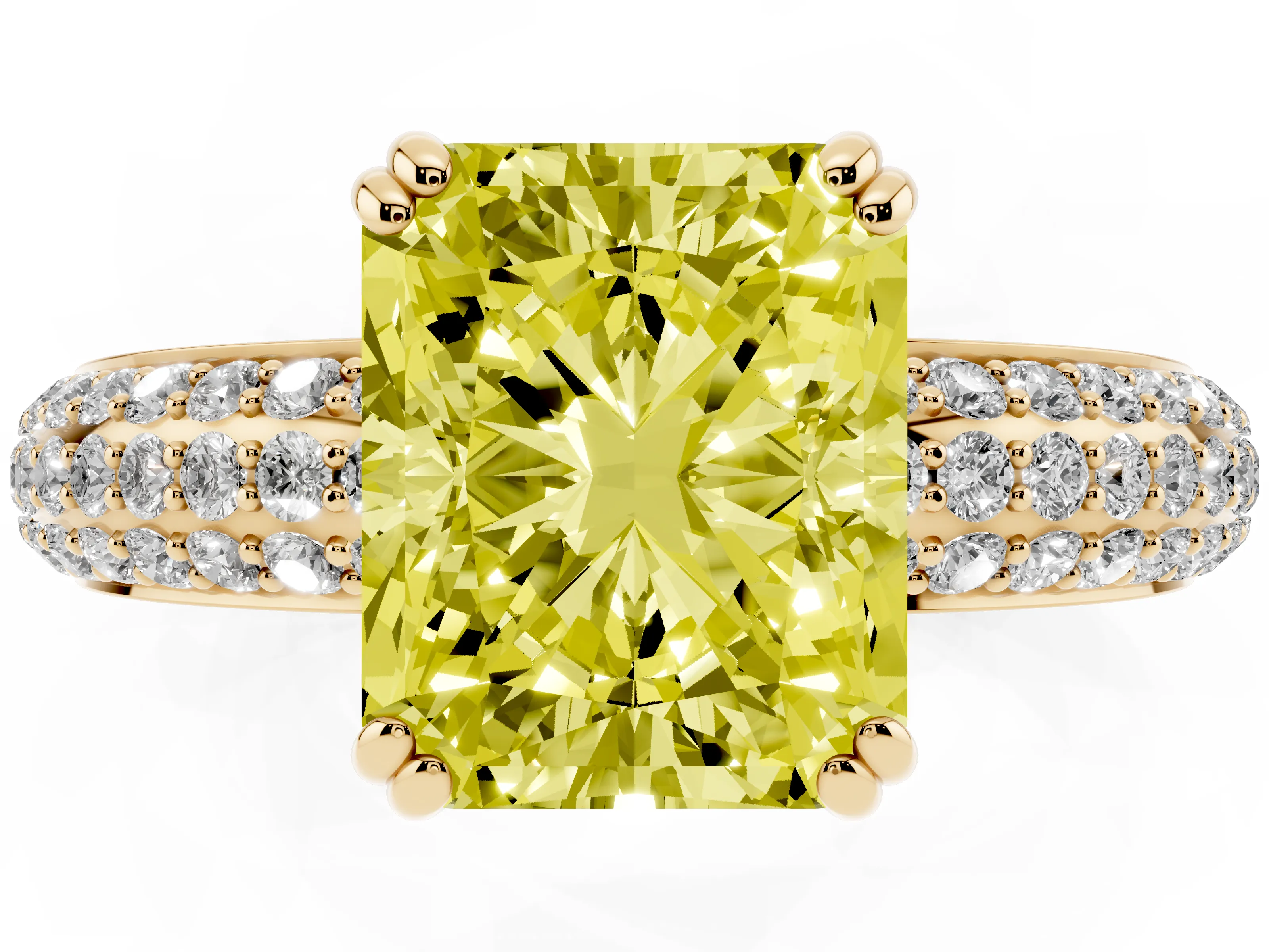 Fancy Yellow Radiant Cut Diamond Solitaire Ring Set in Yellow gold with Multi-Row Round Pavé Band and Prong Setting