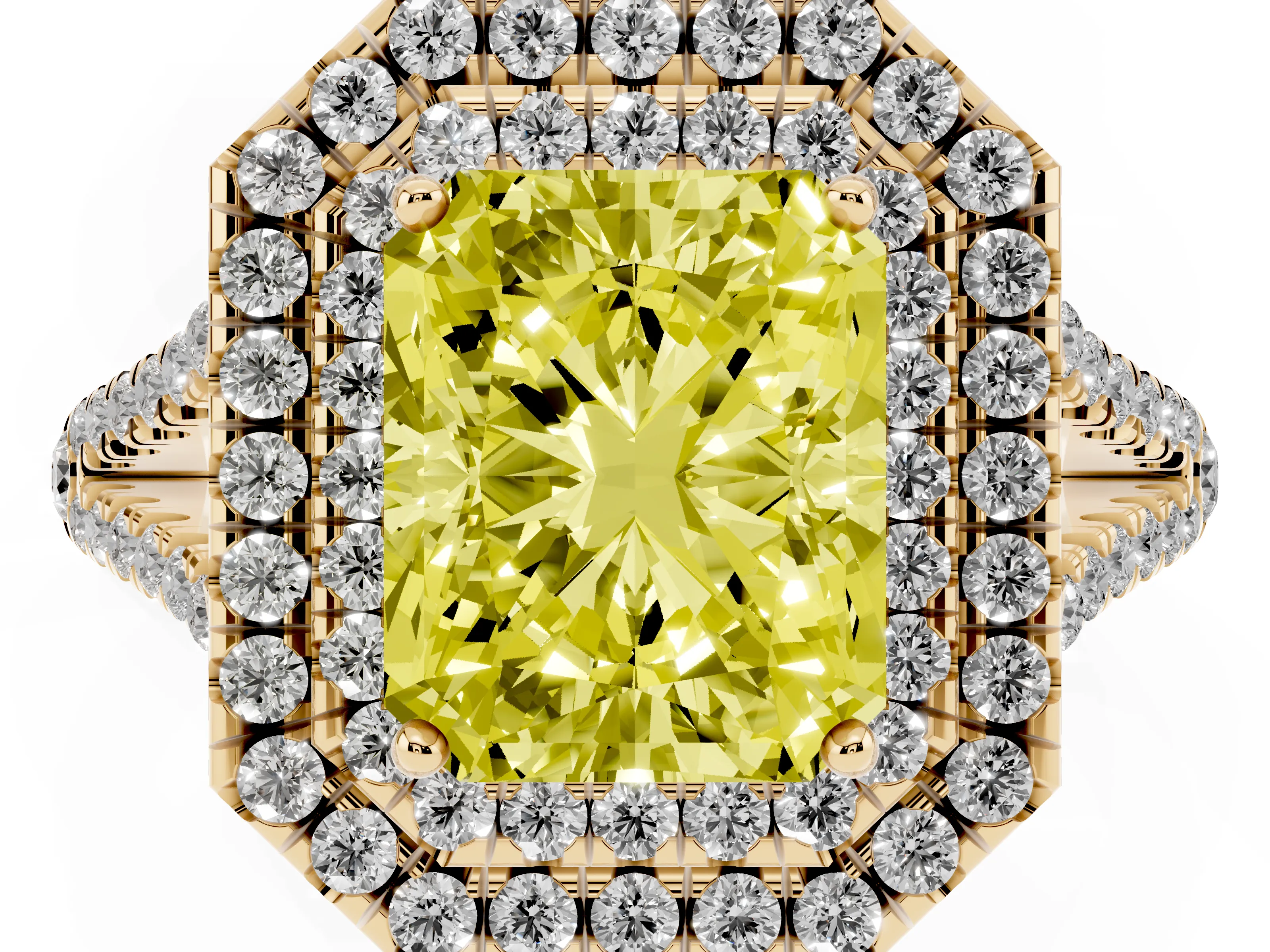Fancy Yellow Radiant Cut Diamond Double Halo Ring Set in Yellow gold with Pavé Band