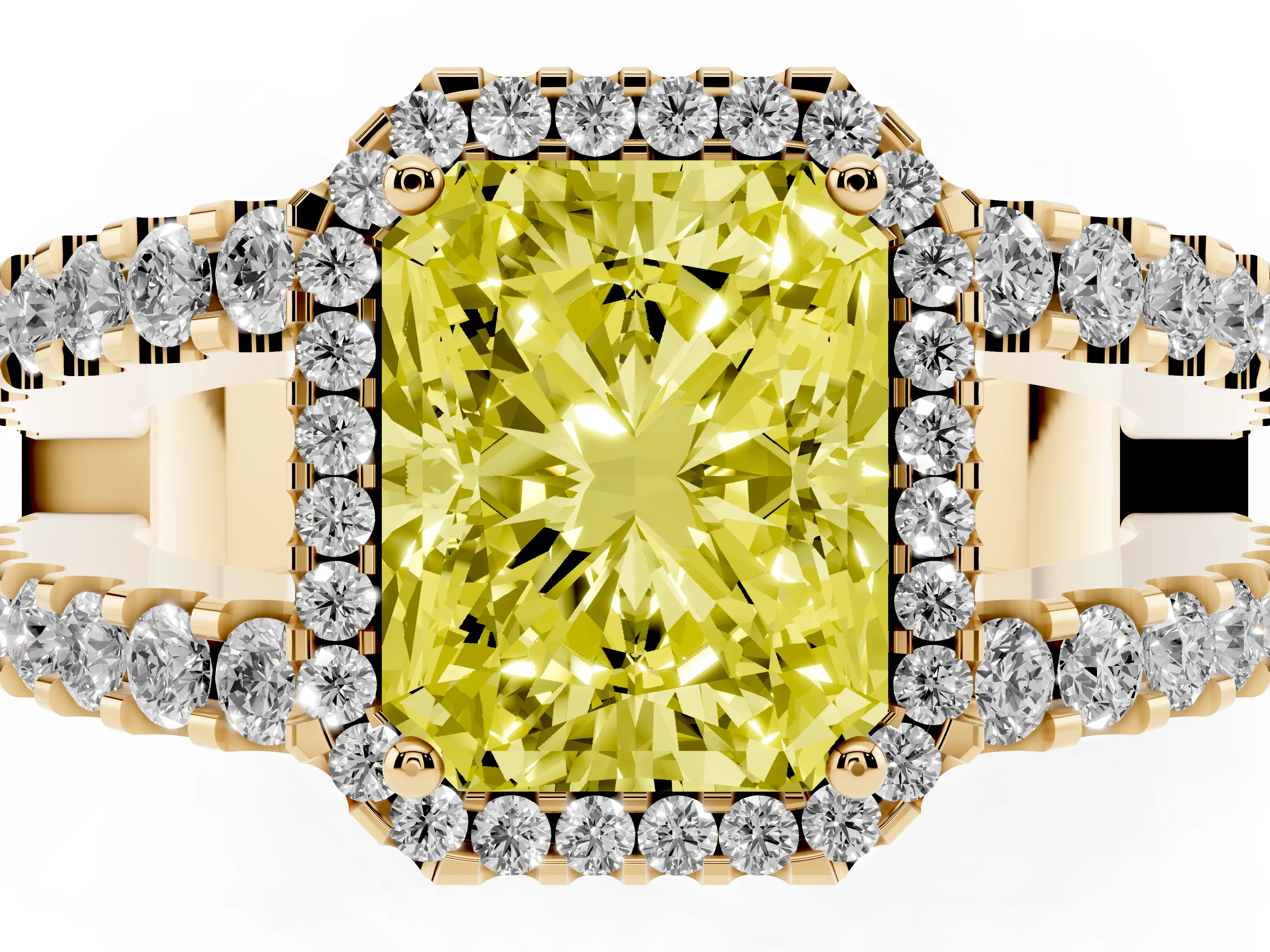 Fancy Yellow Radiant Cut Diamond Halo Ring Set in Yellow gold with Pavé Split Shank and Prong Setting